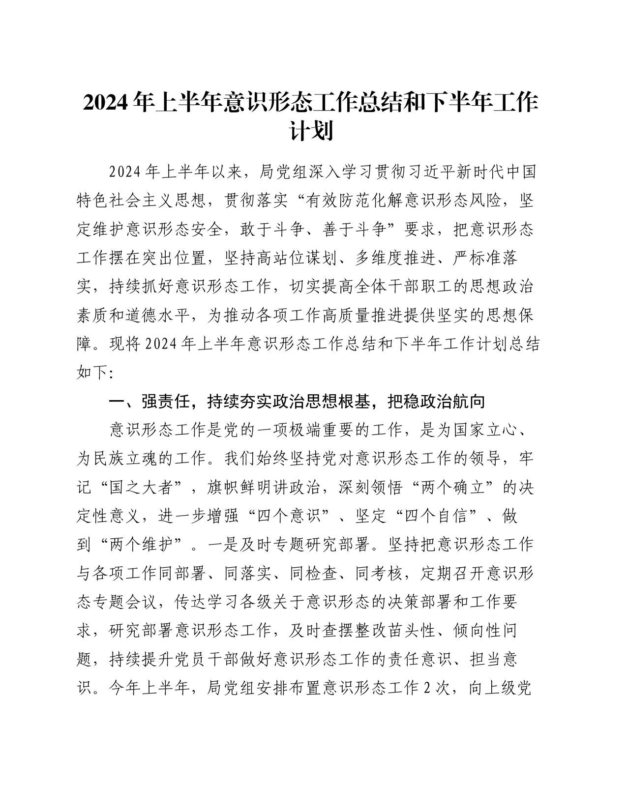 2024年上半年意识形态工作总结和下半年工作计划20240612_第1页