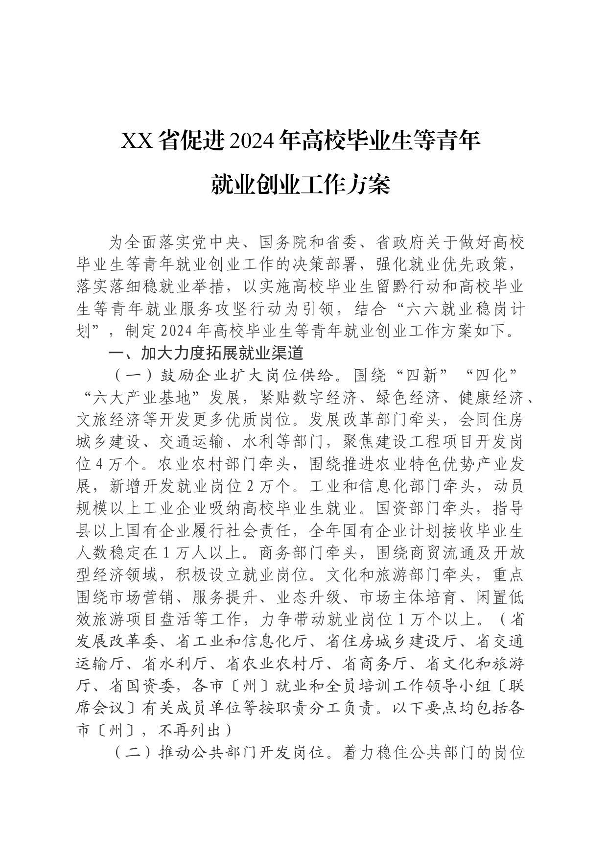 XX省促进2024年高校毕业生等青年就业创业方案_第1页