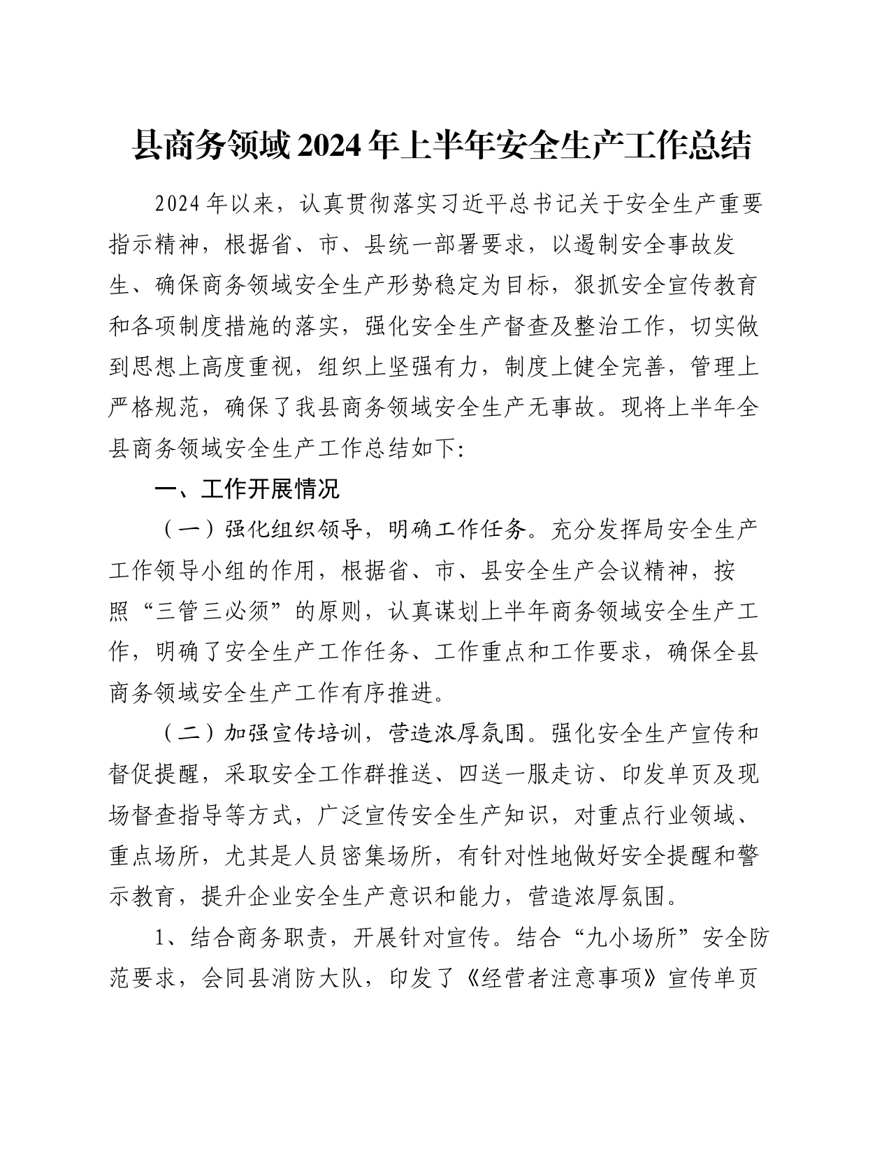 县商务领域2024年上半年安全生产工作总结_第1页