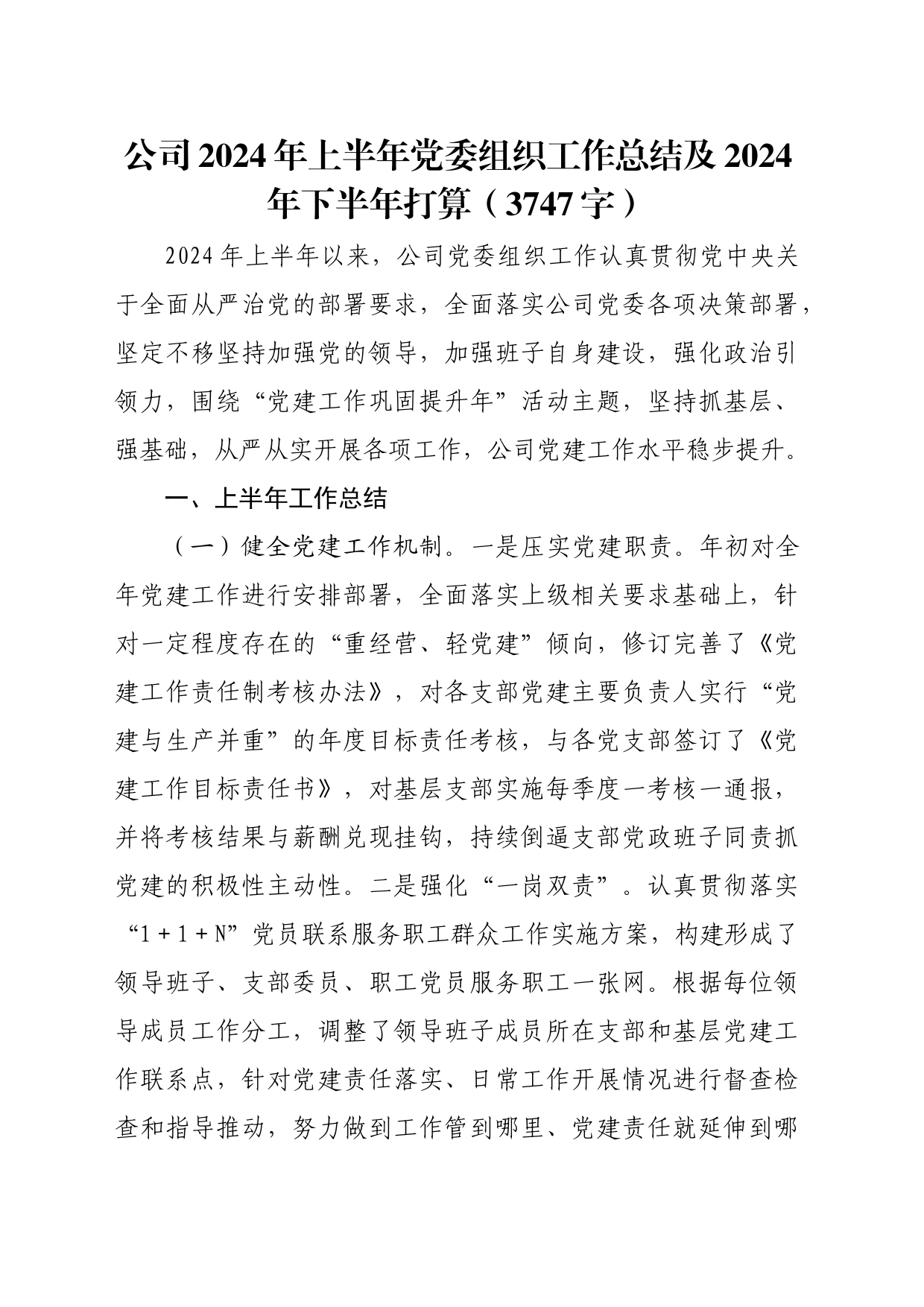 国企2024年上半年党委组织工作总结及2024年下半年打算（3747字）_第1页