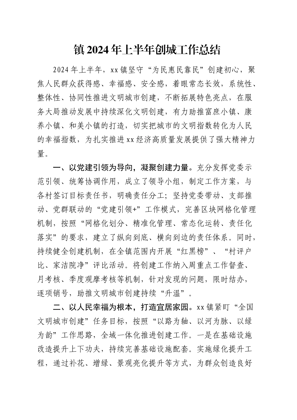 乡镇街道2024年上半年创城工作总结_第1页