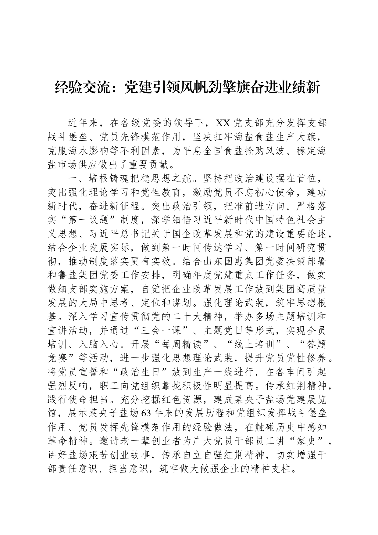 经验交流：党建引领风帆劲擎旗奋进业绩新_第1页