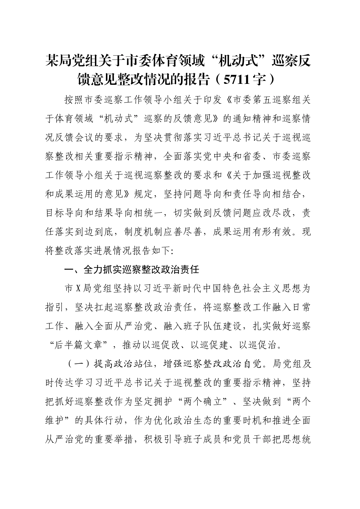 某局党组关于市委体育领域“机动式”巡察反馈意见整改情况的报告（5711字）_第1页