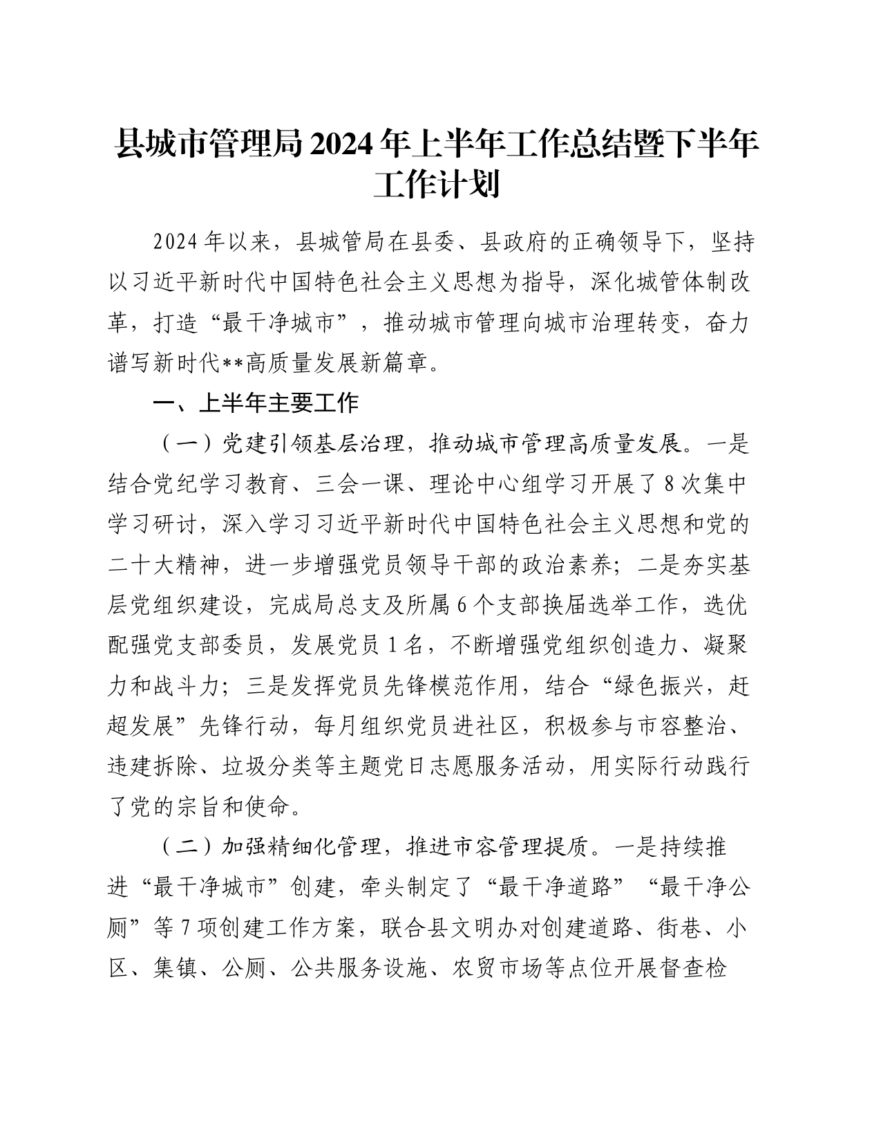 县城市管理局2024年上半年工作总结暨下半年工作计划_第1页