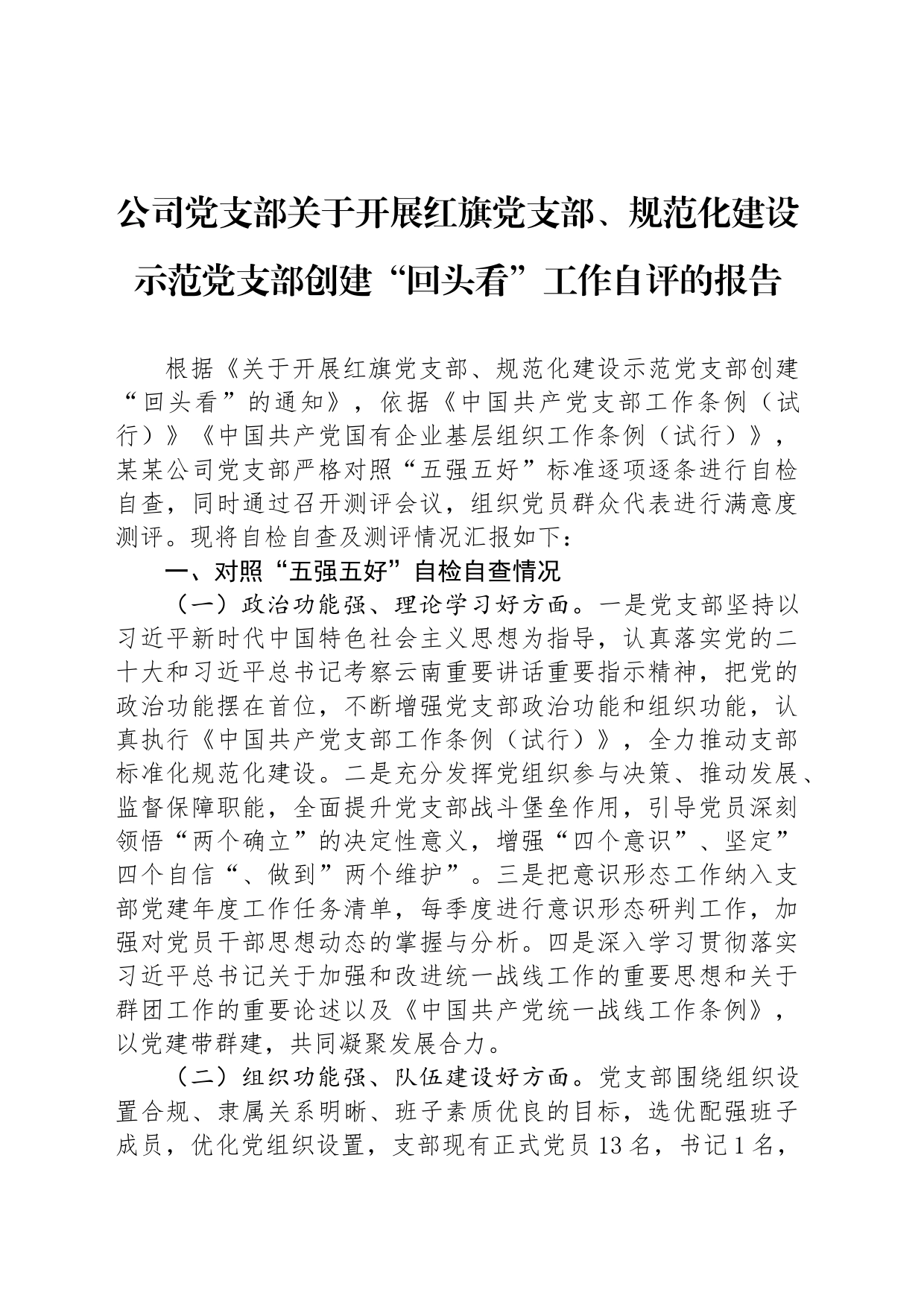 公司党支部关于开展红旗党支部、规范化建设示范党支部创建“回头看”工作自评的报告_第1页