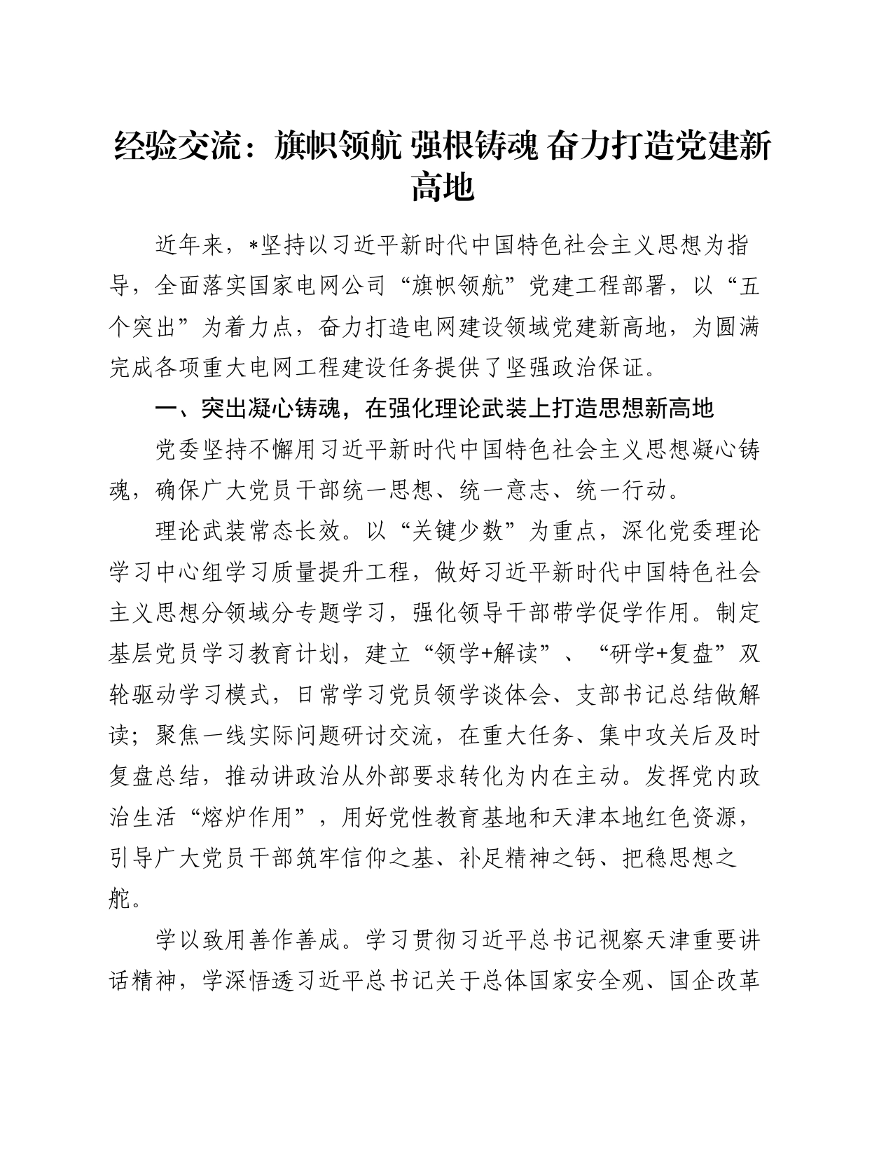 经验交流：旗帜领航 强根铸魂 奋力打造党建新高地_第1页