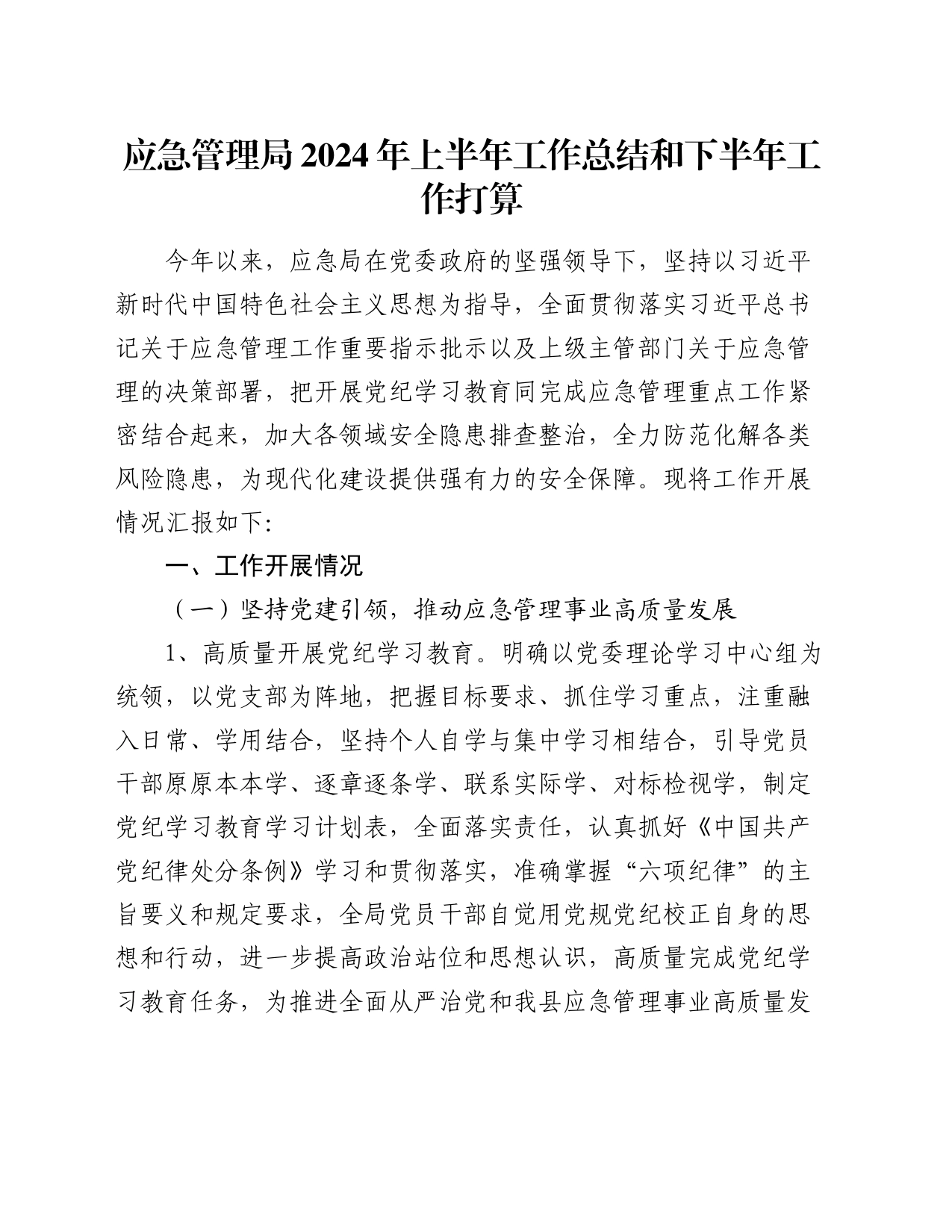 应急管理局2024年上半年工作总结和下半年工作打算_第1页