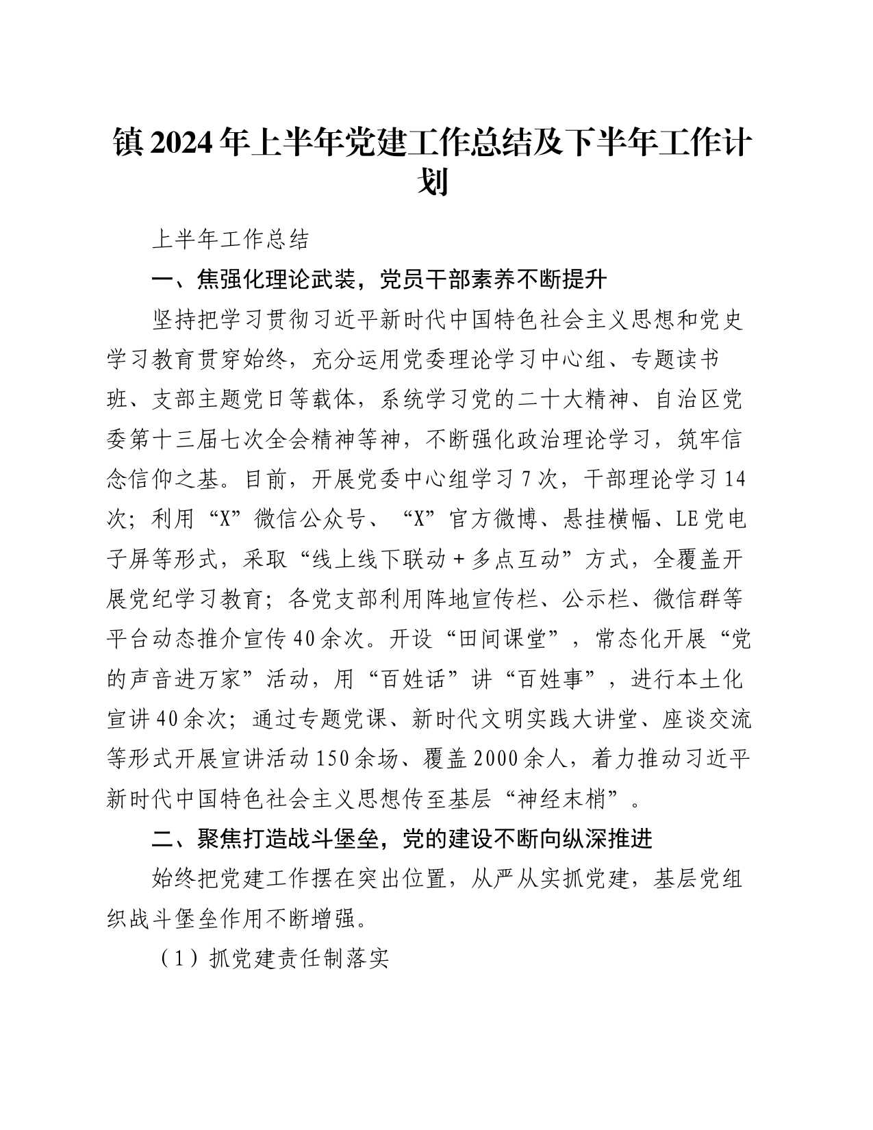 镇2024年上半年党建工作总结及下半年工作计划_第1页