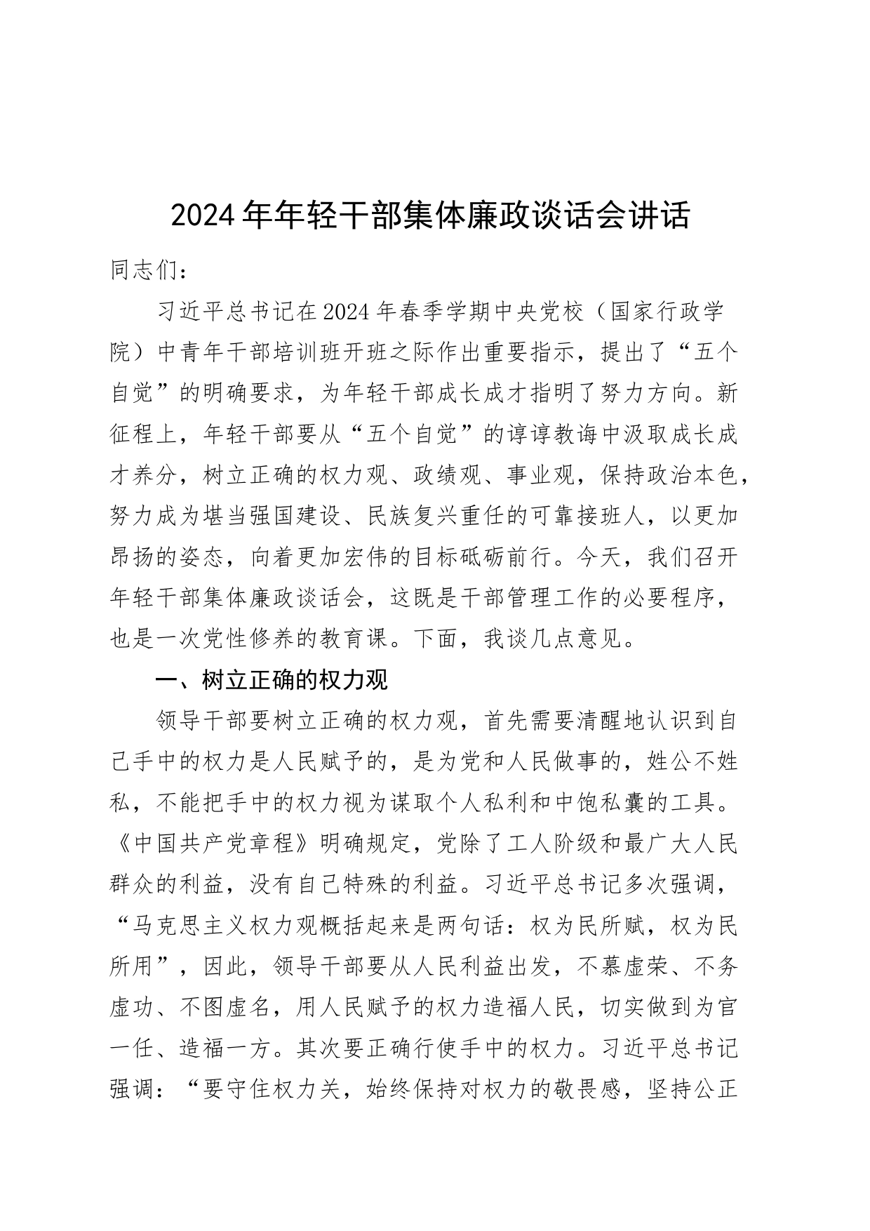 2024年年轻干部集体廉政谈话会讲话青年会议20240710_第1页