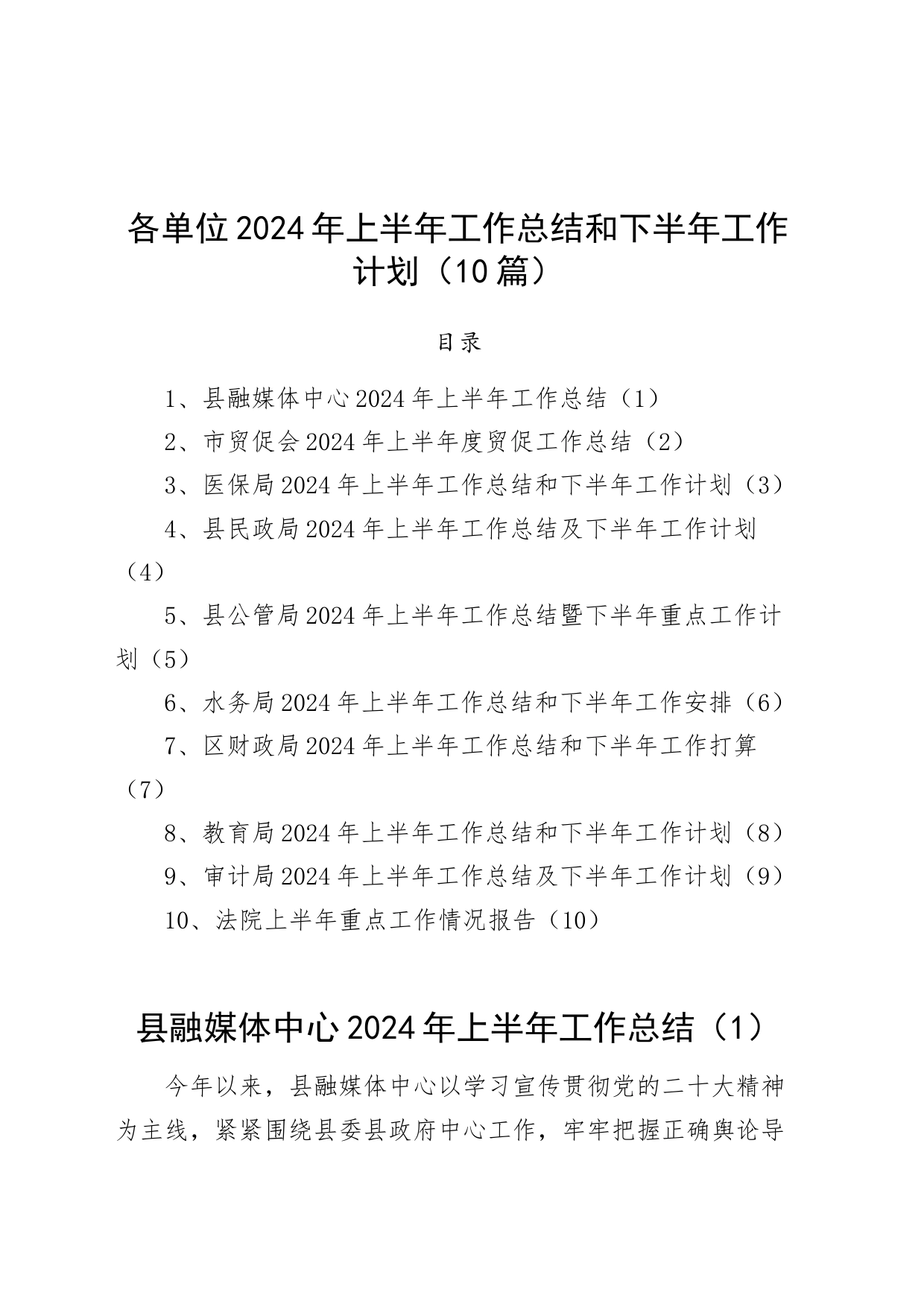 【10篇】各单位2024年上半年工作总结和下半年工作计划（融媒体中心、贸促会、医保、民政、公管、水务、财政、教育、审计、法院，局汇报报告）20240717_第1页