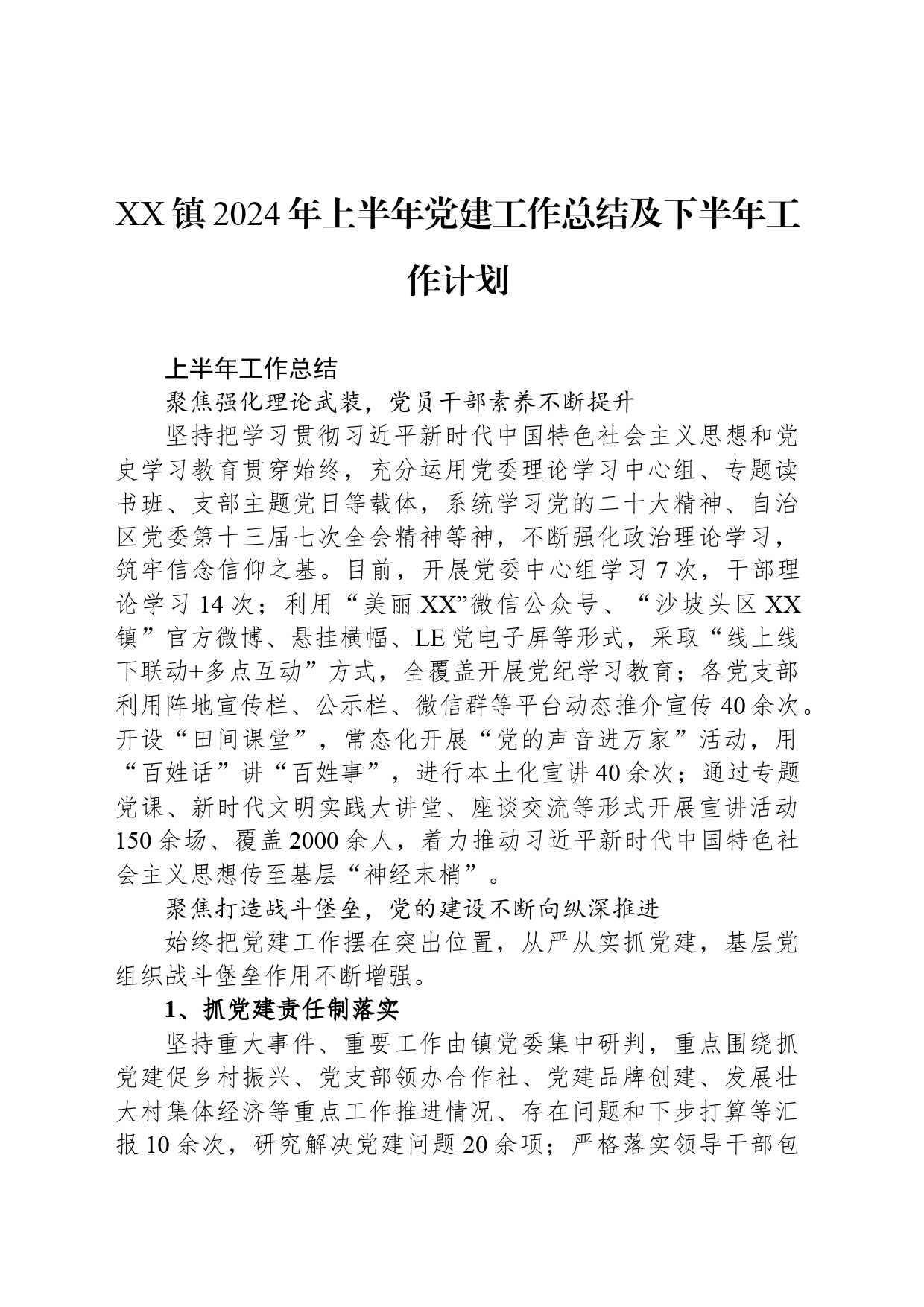 XX镇2024年上半年党建工作总结及下半年工作计划_第1页