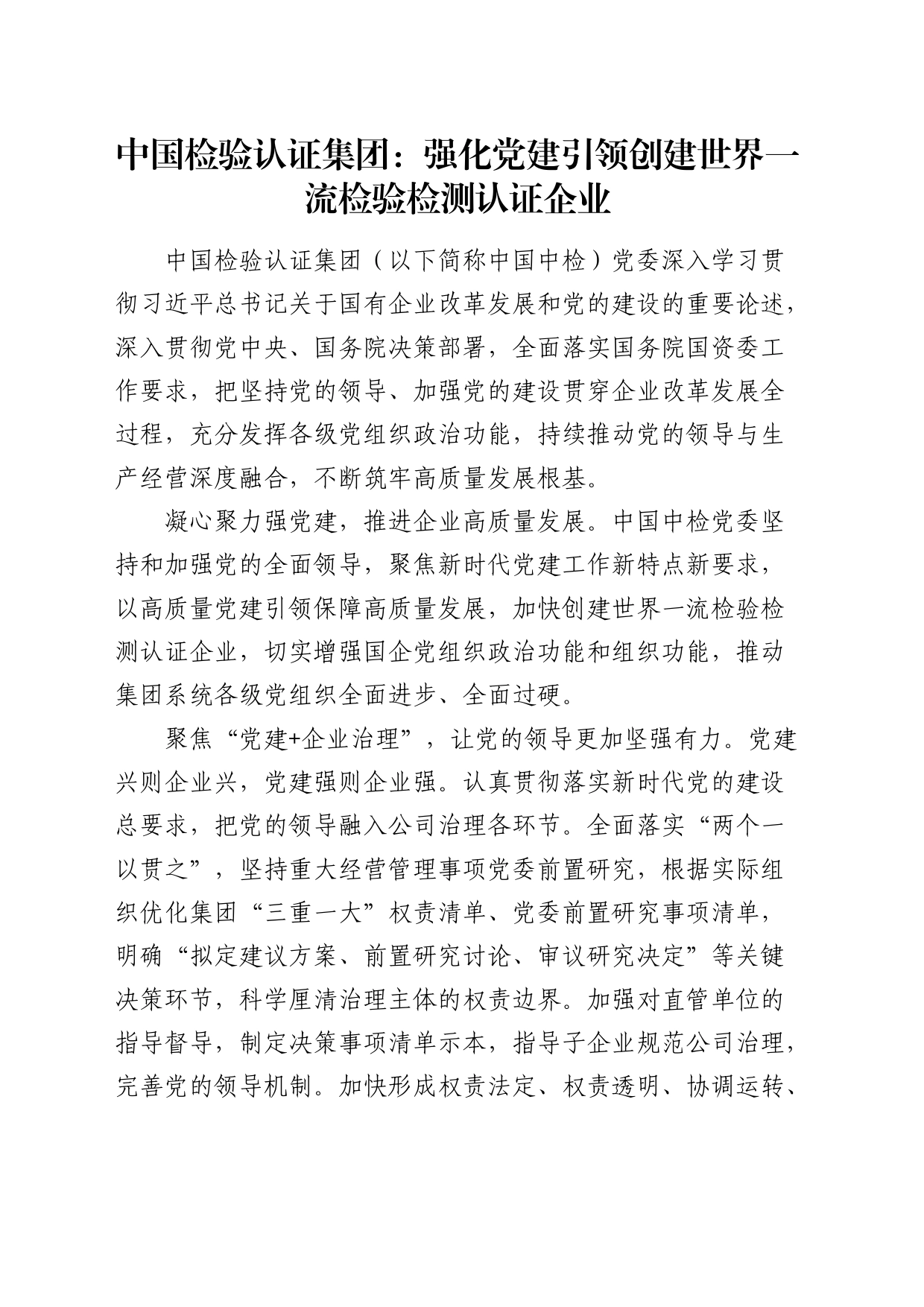 公司经验总结：强化党建引领创建世界一流检验检测认证企业_第1页