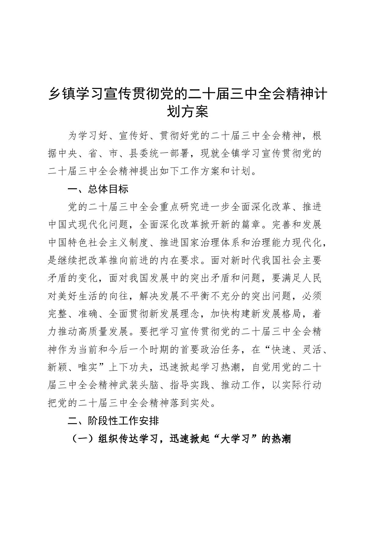 乡镇街道学习宣传贯彻党的二十届三中全会精神计划方案20240724_第1页