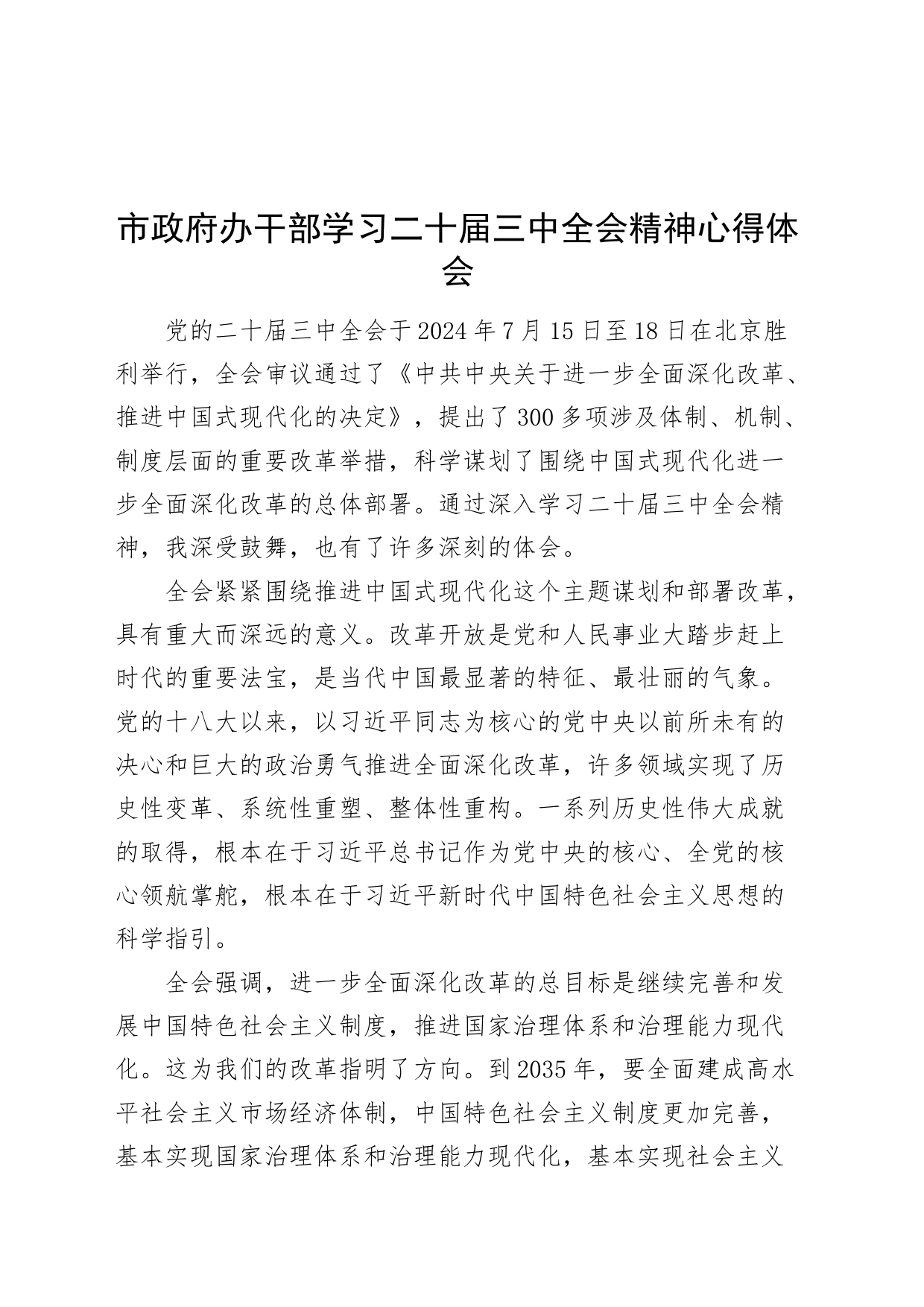 市政府办干部学习二十届三中全会精神心得体会研讨发言届20240724_第1页