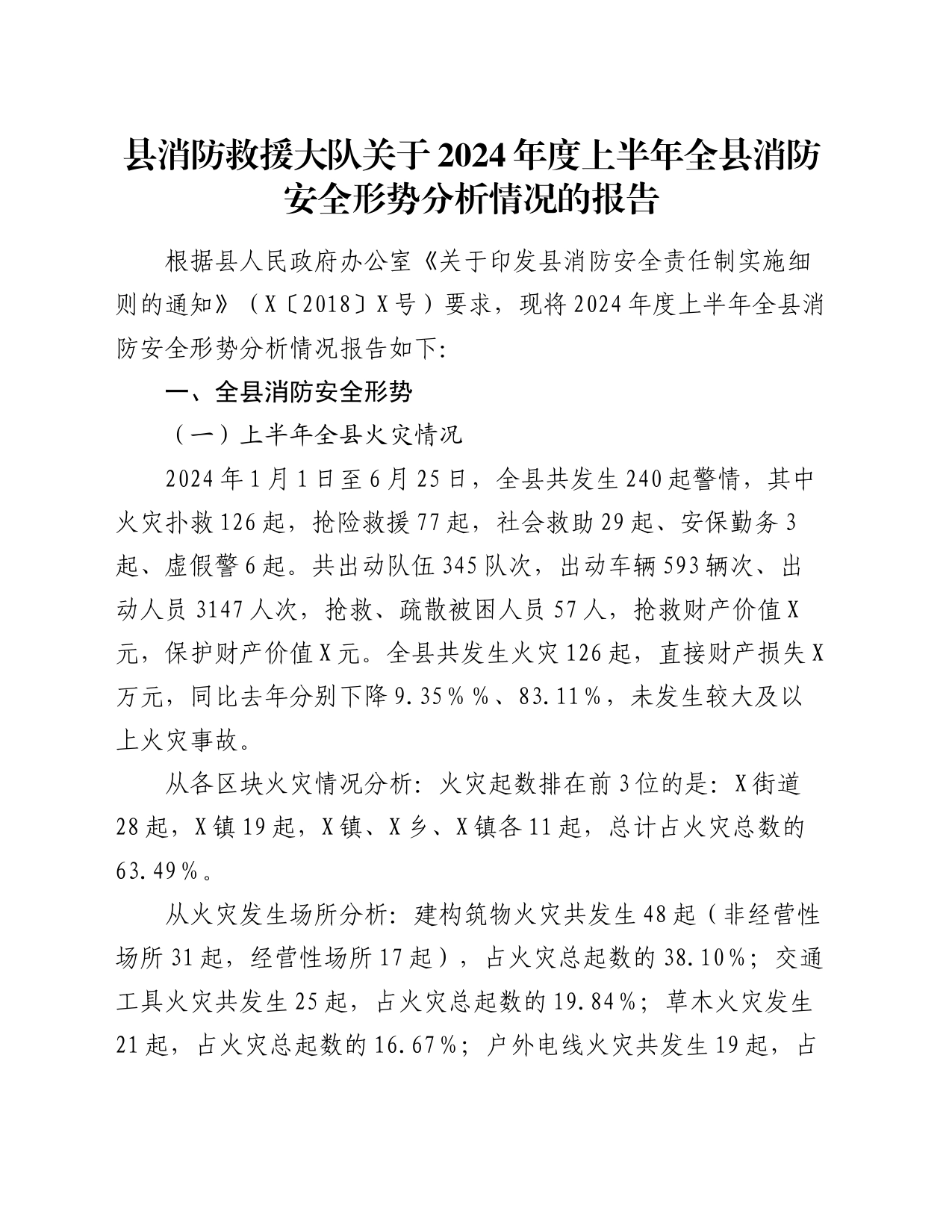 县消防救援大队关于2024年度上半年全县消防安全形势分析情况的报告_第1页