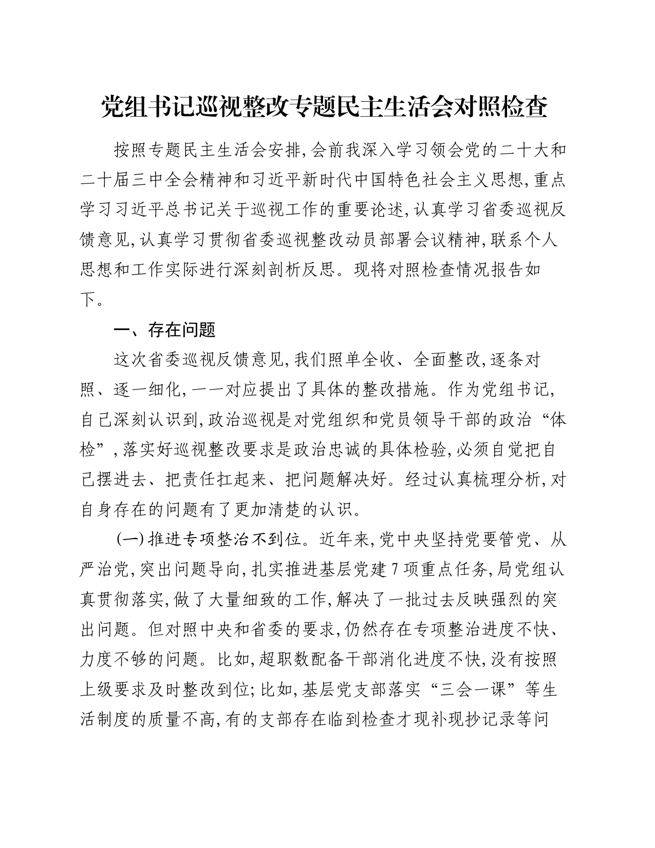 党组书记巡视整改专题民主生活会对照检查_第1页