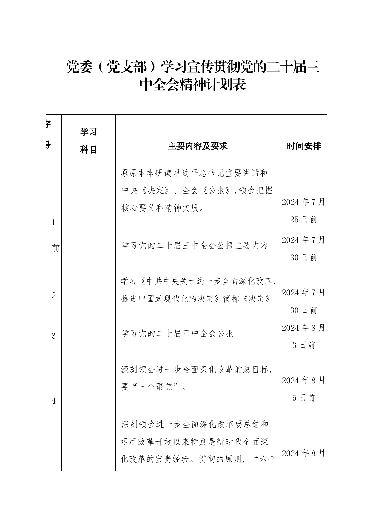 2024年党委（党支部）学习宣传贯彻党的二十届三中全会精神计划表_第1页