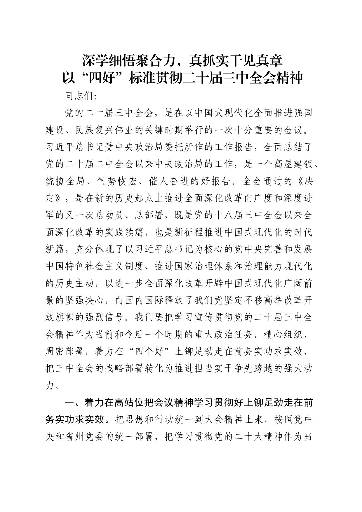 三中全会研讨发言：深学细悟聚合力，真抓实干见真章以“四好”标准全面贯彻全会精神_第1页