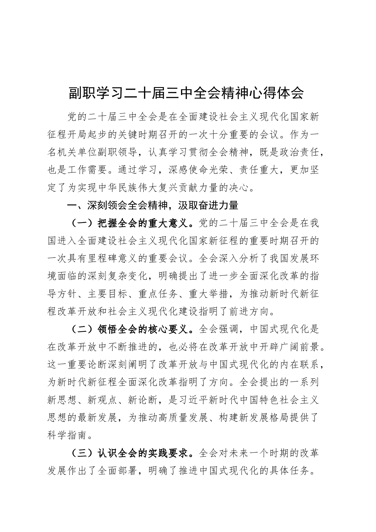 副职学习二十届三中全会精神心得体会研讨发言材料届班子成员分管领导20240726_第1页
