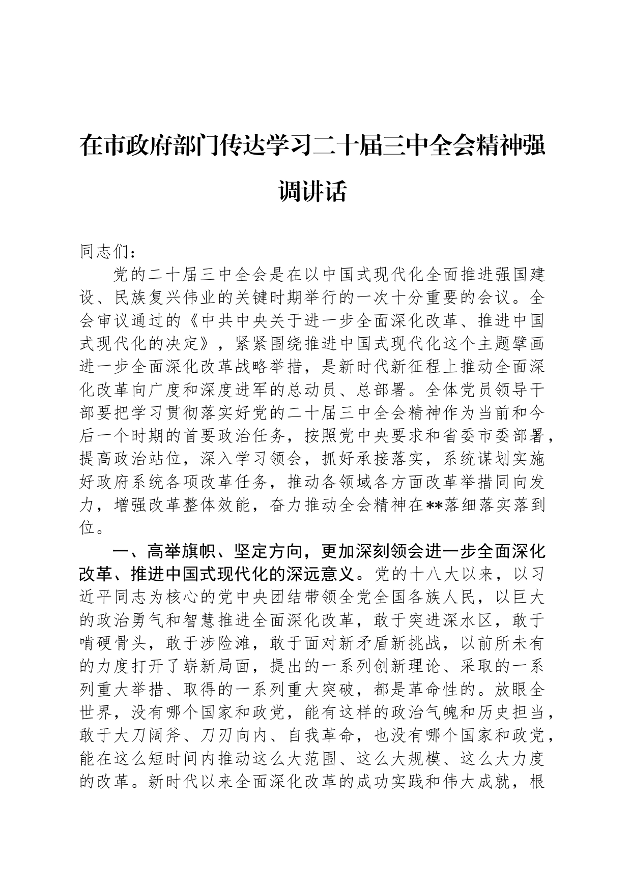 在市政府部门传达学习二十届三中全会精神强调讲话_第1页