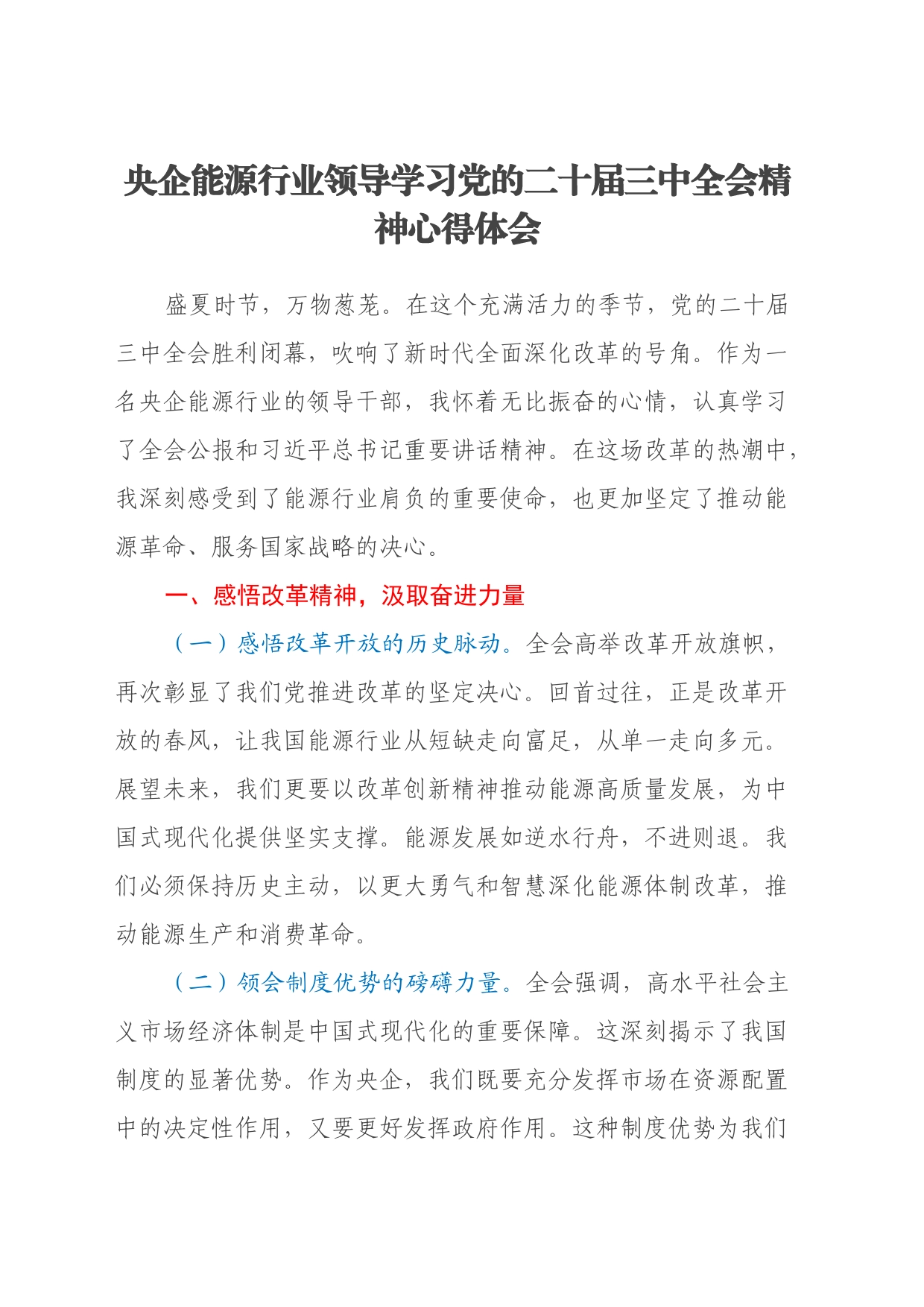 央企能源行业领导学习党的二十届三中全会精神心得体会_第1页