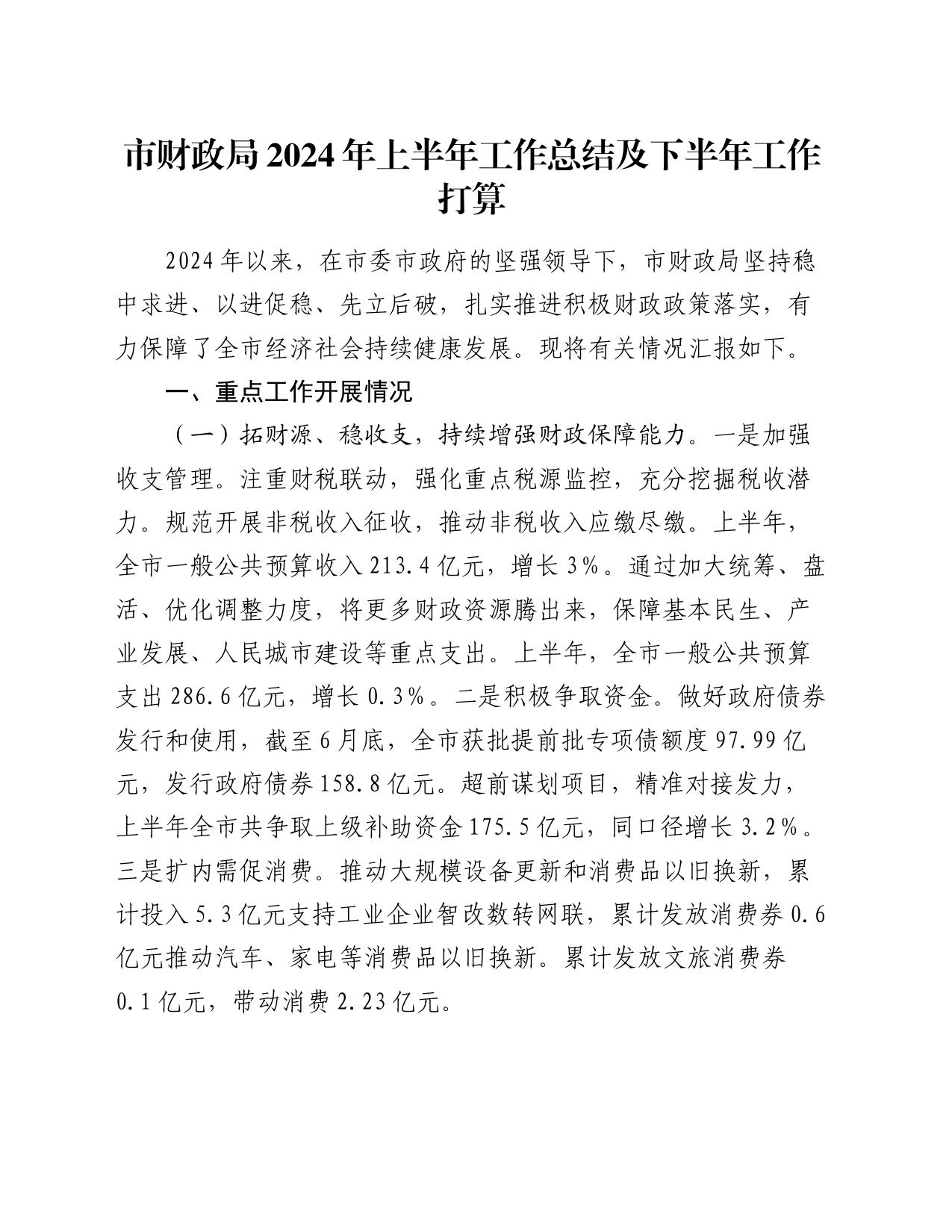 市财政局2024年上半年工作总结及下半年工作打算_第1页