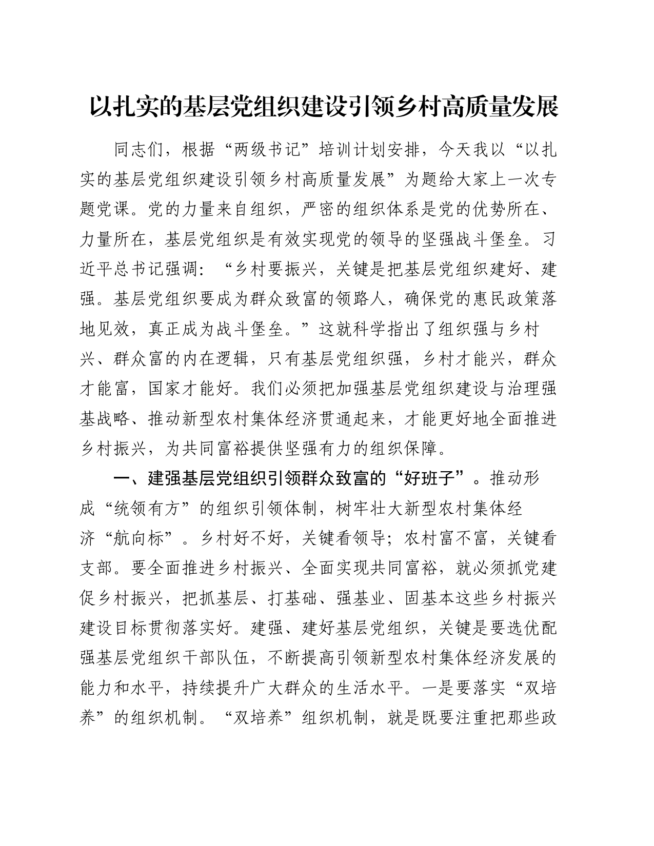 党课：以扎实的基层党组织建设引领乡村高质量发展_第1页