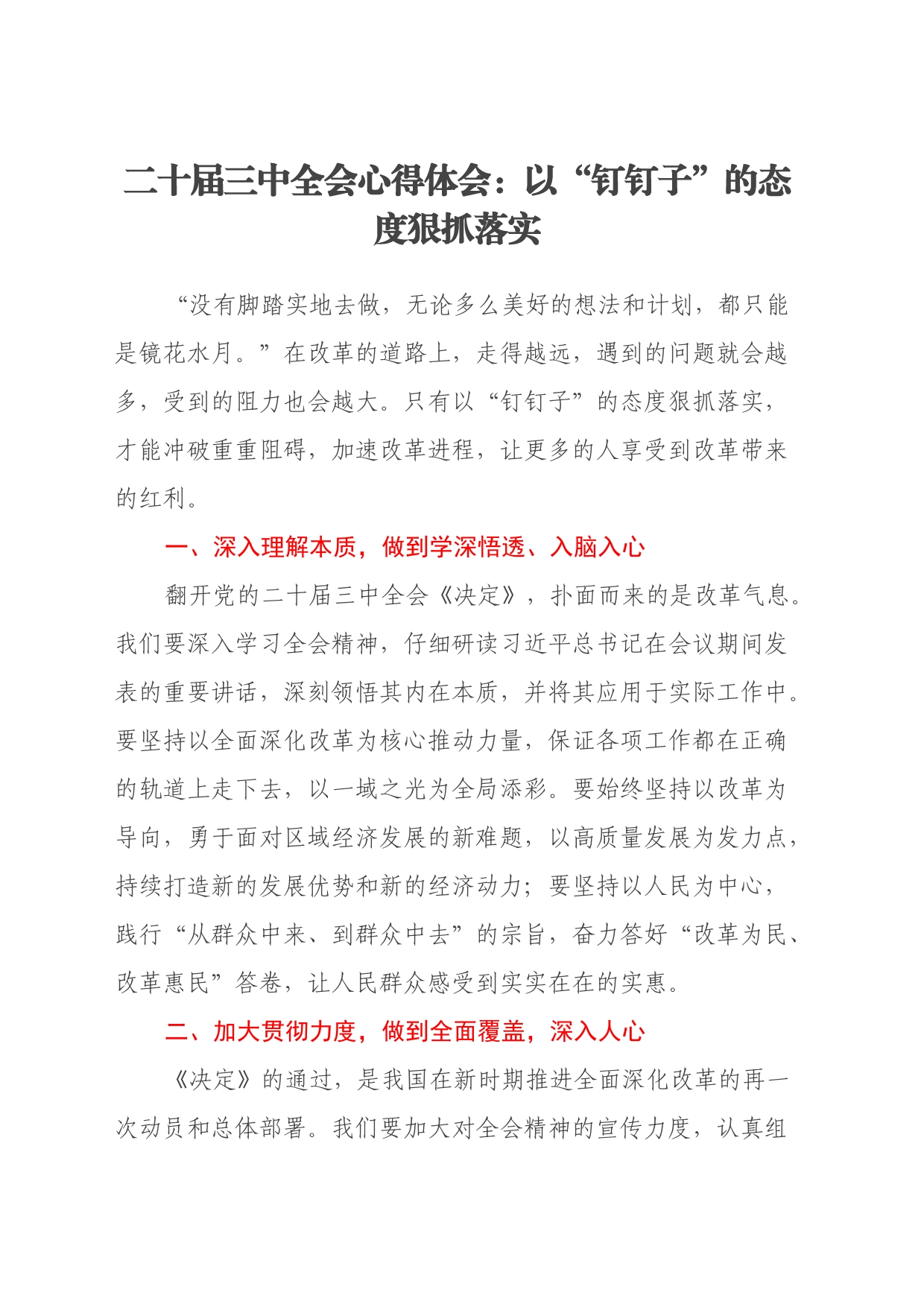 二十届三中全会心得体会：以“钉钉子”的态度狠抓落实_第1页