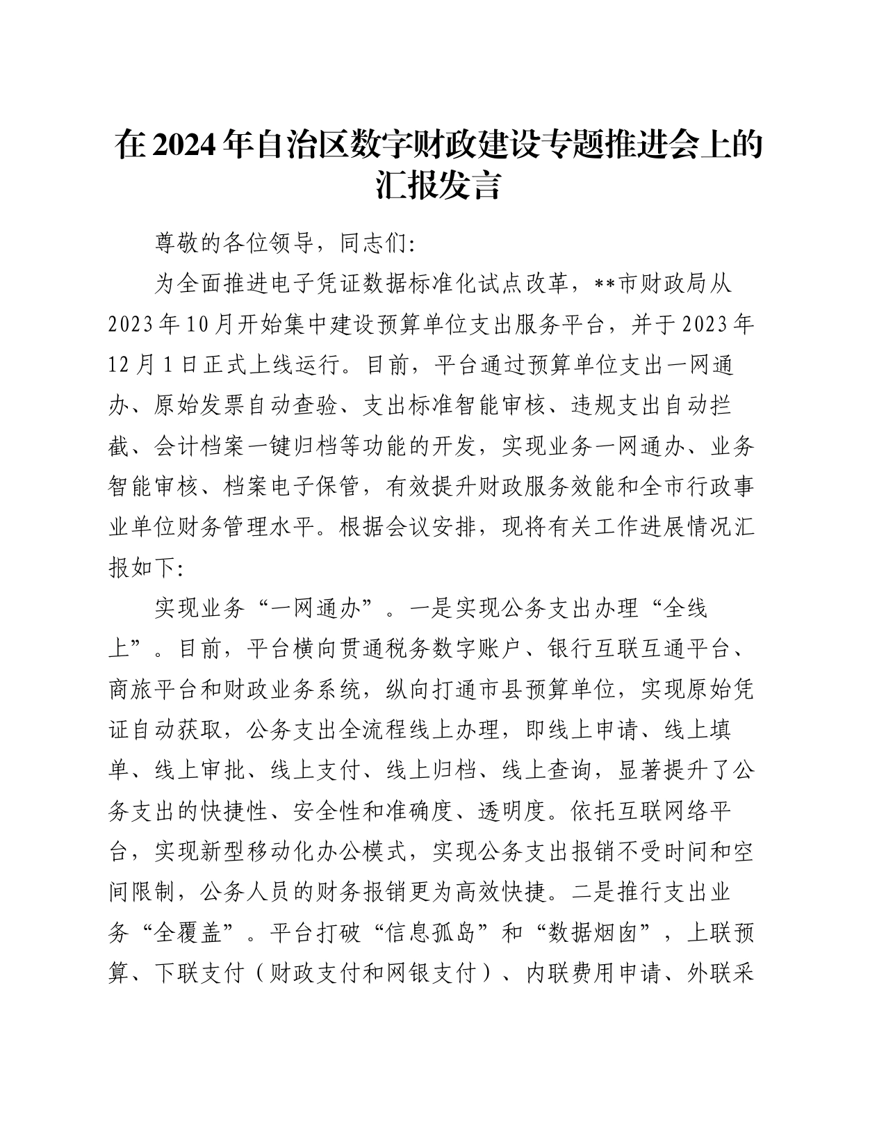 在2024年自治区数字财政建设专题推进会上的汇报发言_第1页