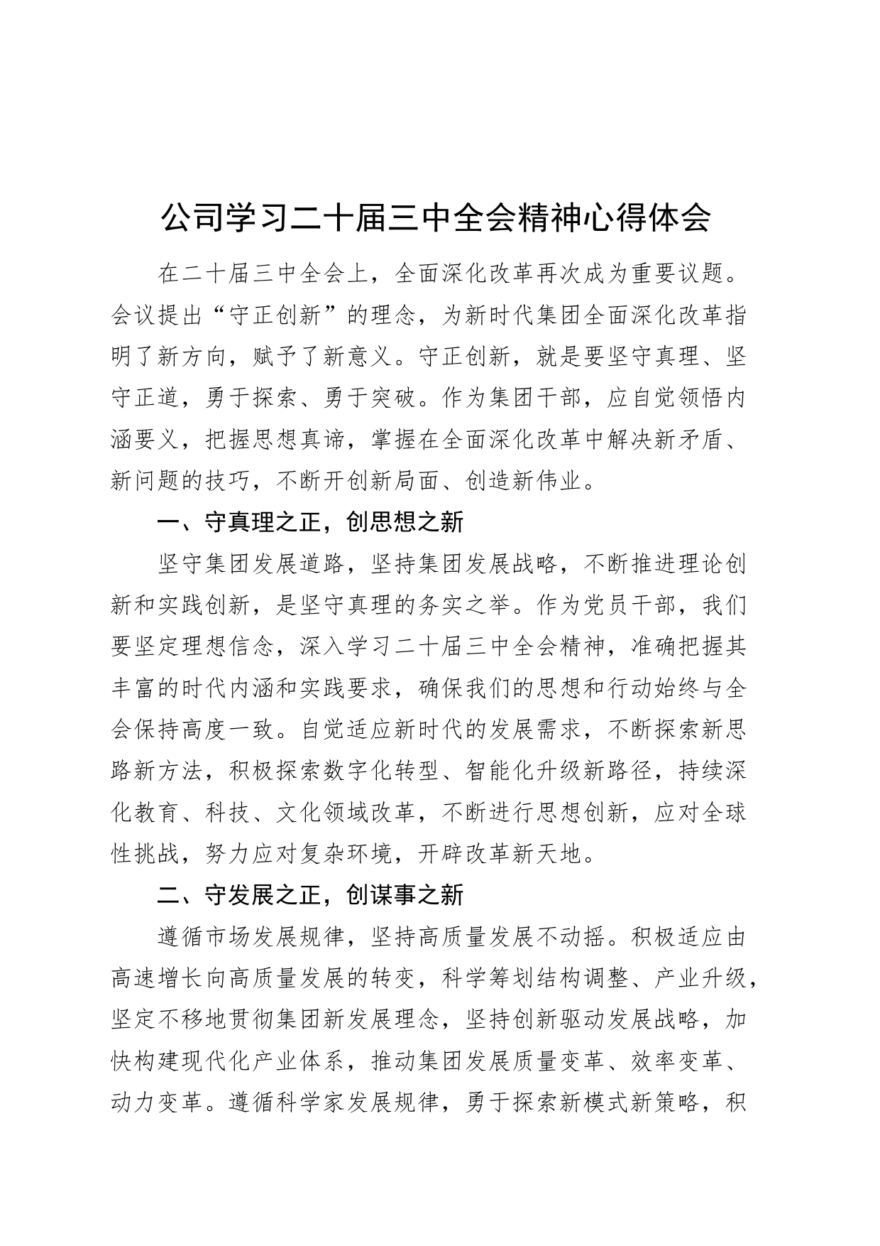 公司学习二十届三中全会精神心得体会国有企业研讨发言材料20240802_第1页