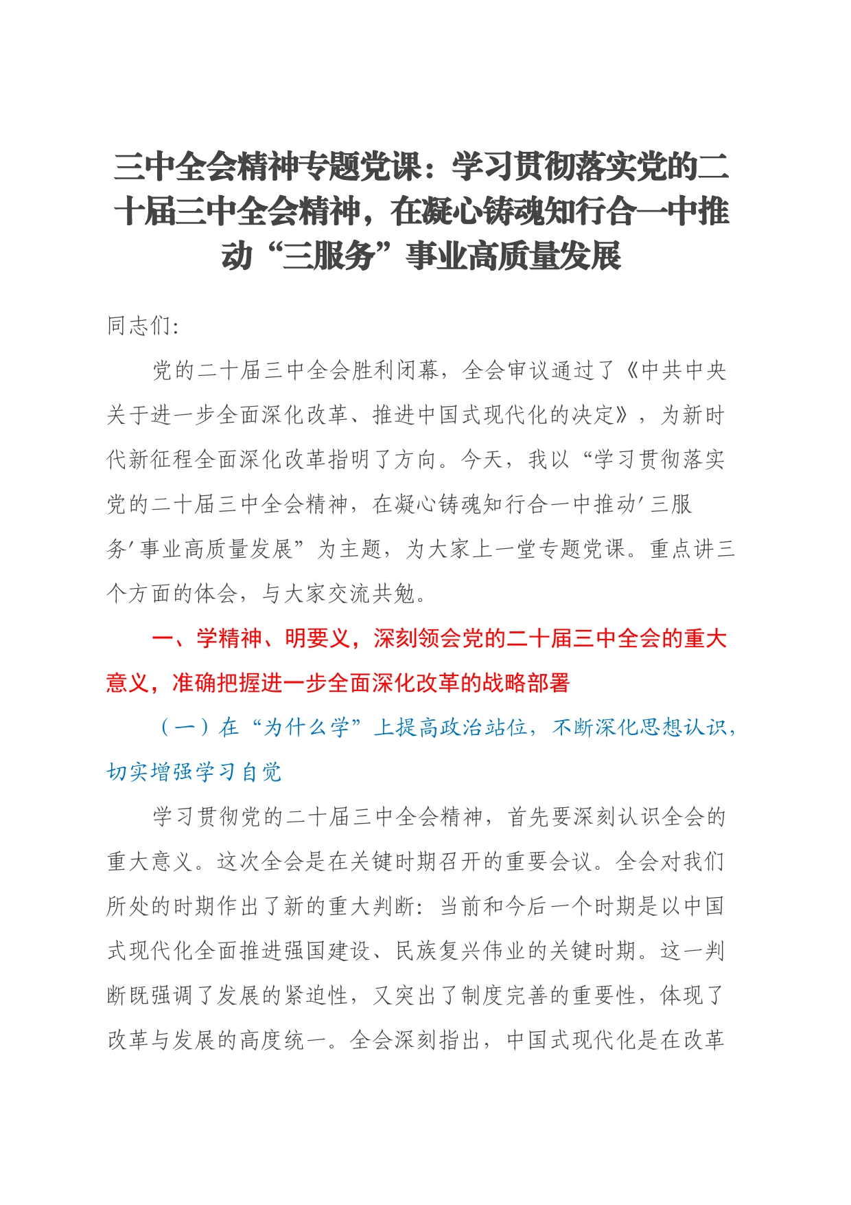 三中全会精神专题党课：学习贯彻落实党的二十届三中全会精神，在凝心铸魂知行合一中推动三服务事业高质量发展_第1页