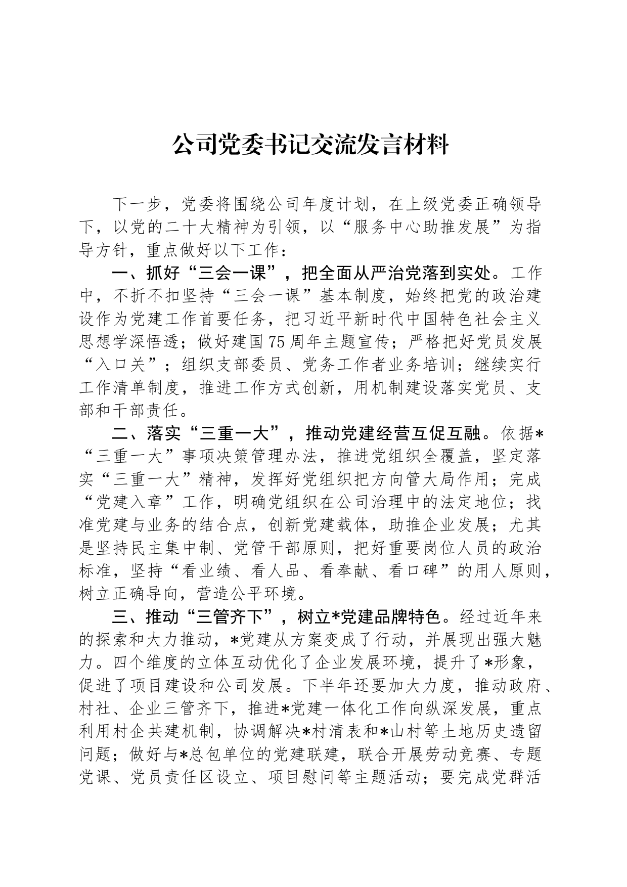 公司党委书记交流发言材料_第1页