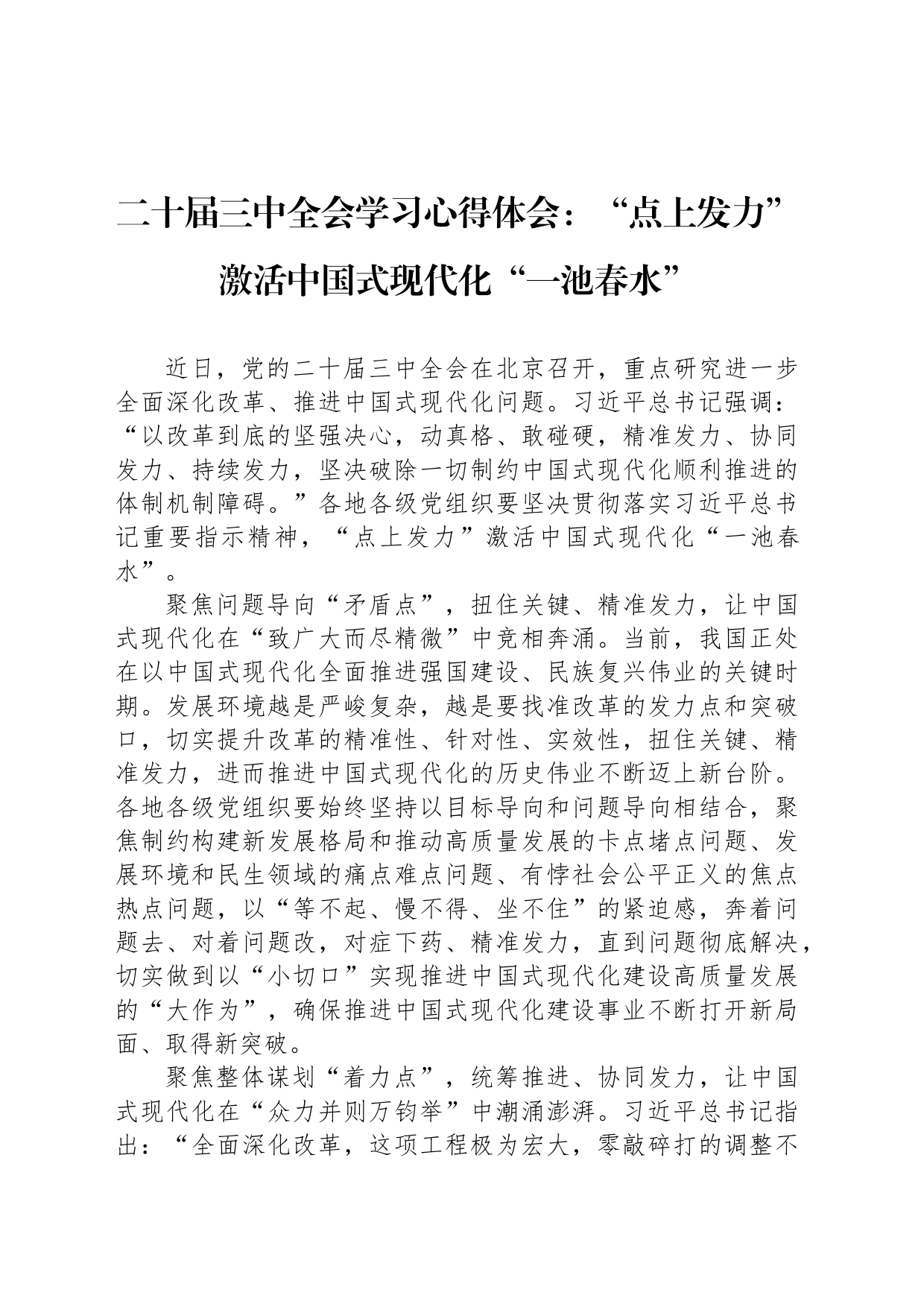 二十届三中全会学习心得体会：“点上发力”激活中国式现代化“一池春水”_第1页