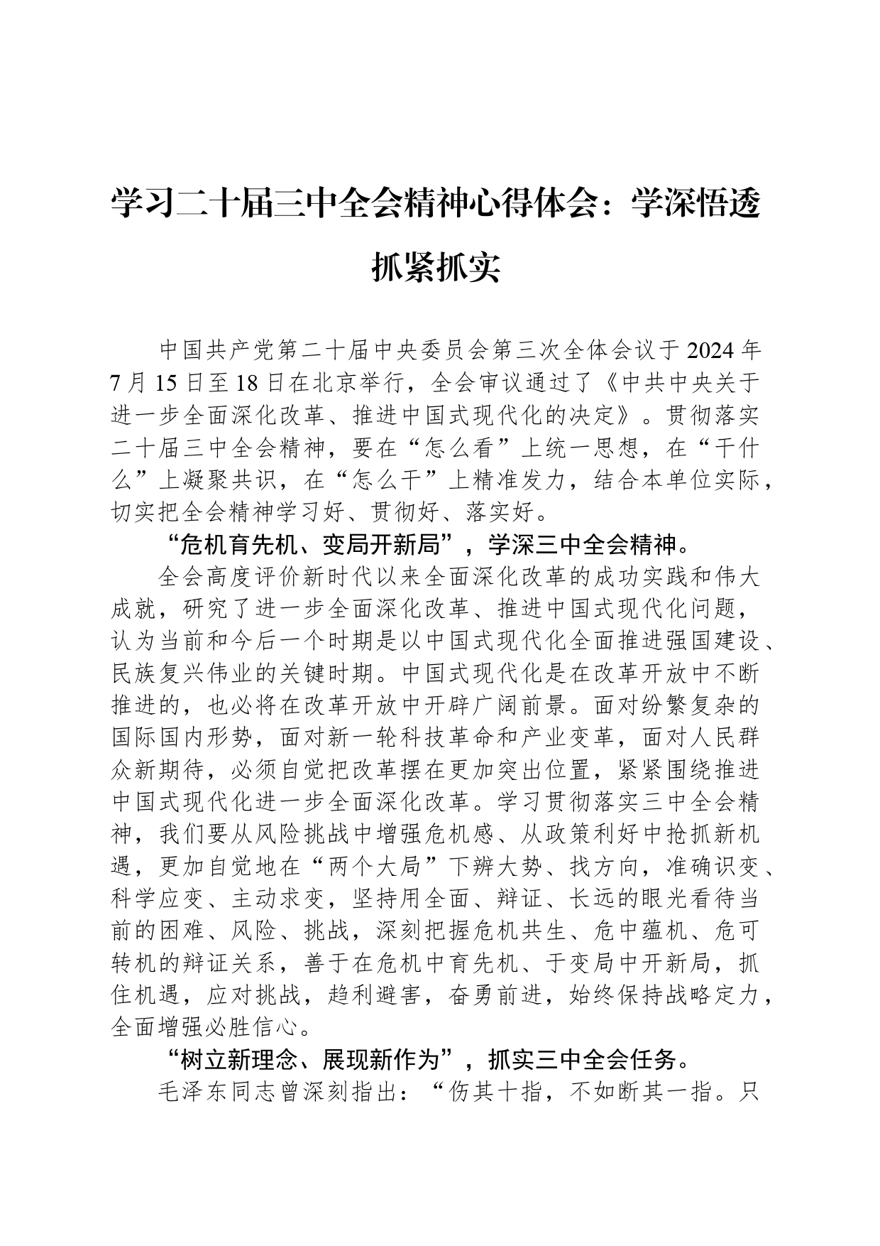 学习二十届三中全会精神心得体会：学深悟透抓紧抓实_第1页