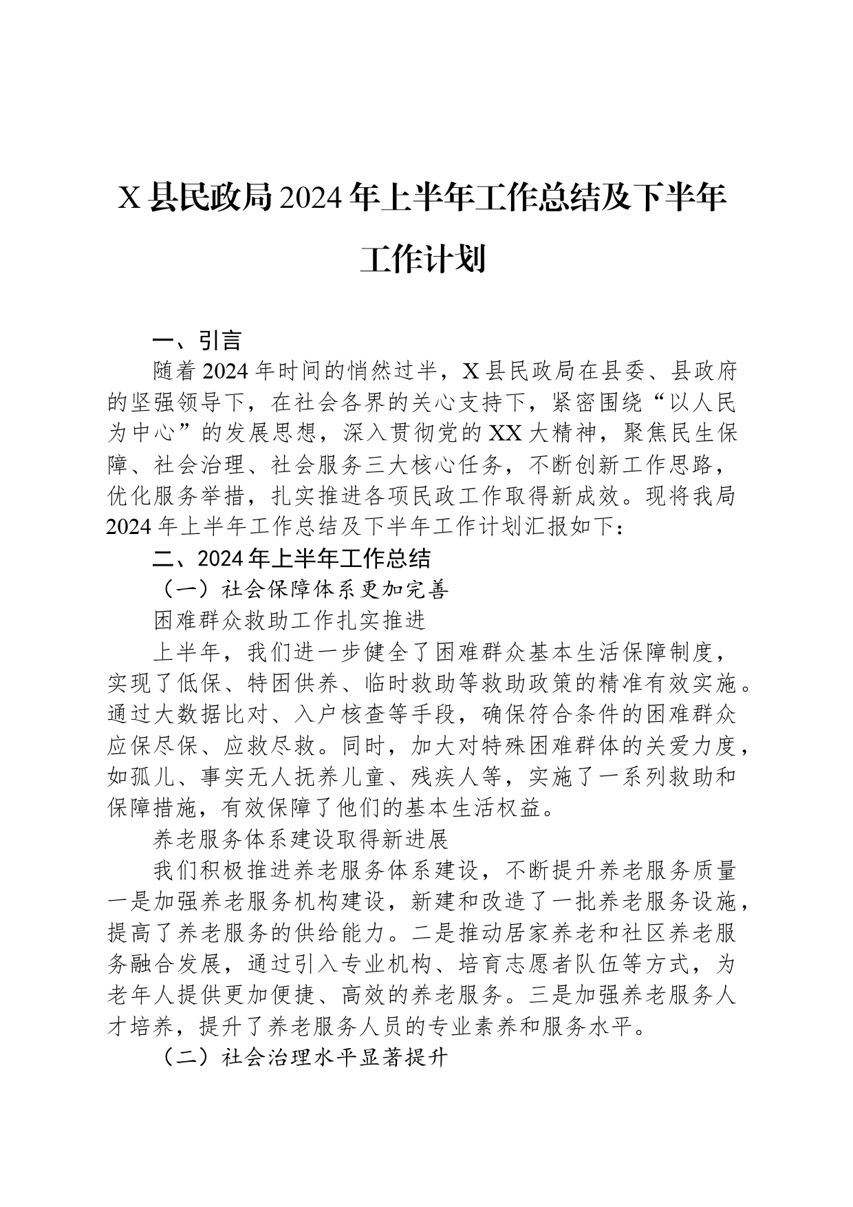 X县民政局2024年上半年工作总结及下半年工作计划_第1页