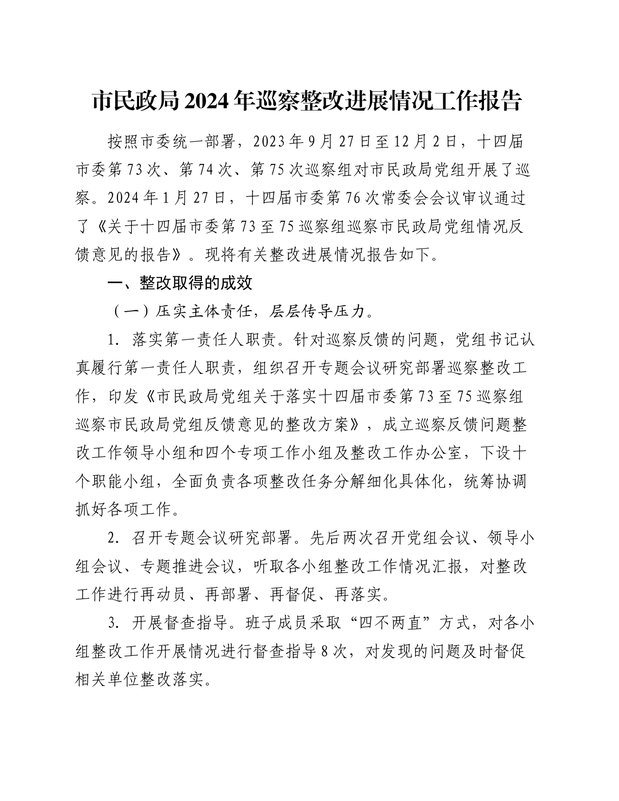 市民政局2024年巡察整改进展情况工作报告_第1页