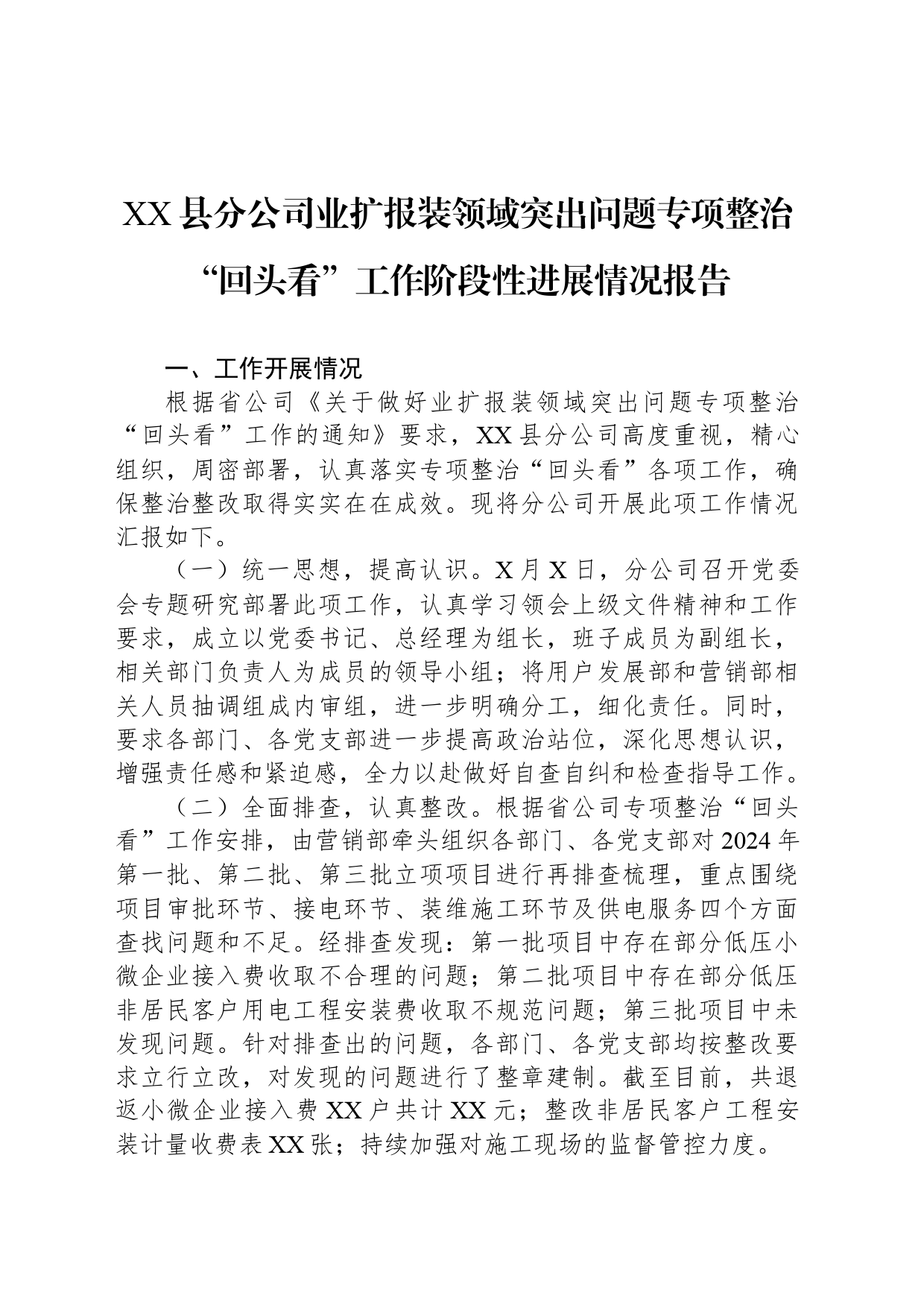 XX县分公司业扩报装领域突出问题专项整治“回头看”工作阶段性进展情况报告_第1页