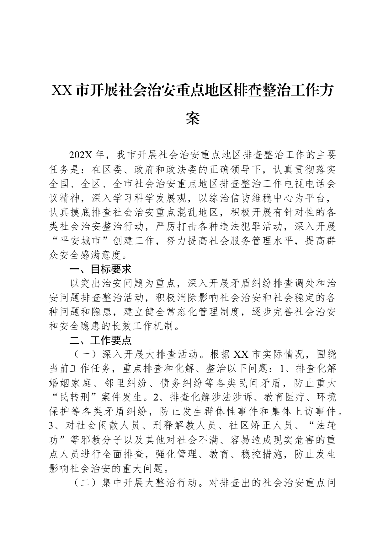 XX市开展社会治安重点地区排查整治工作方案_第1页
