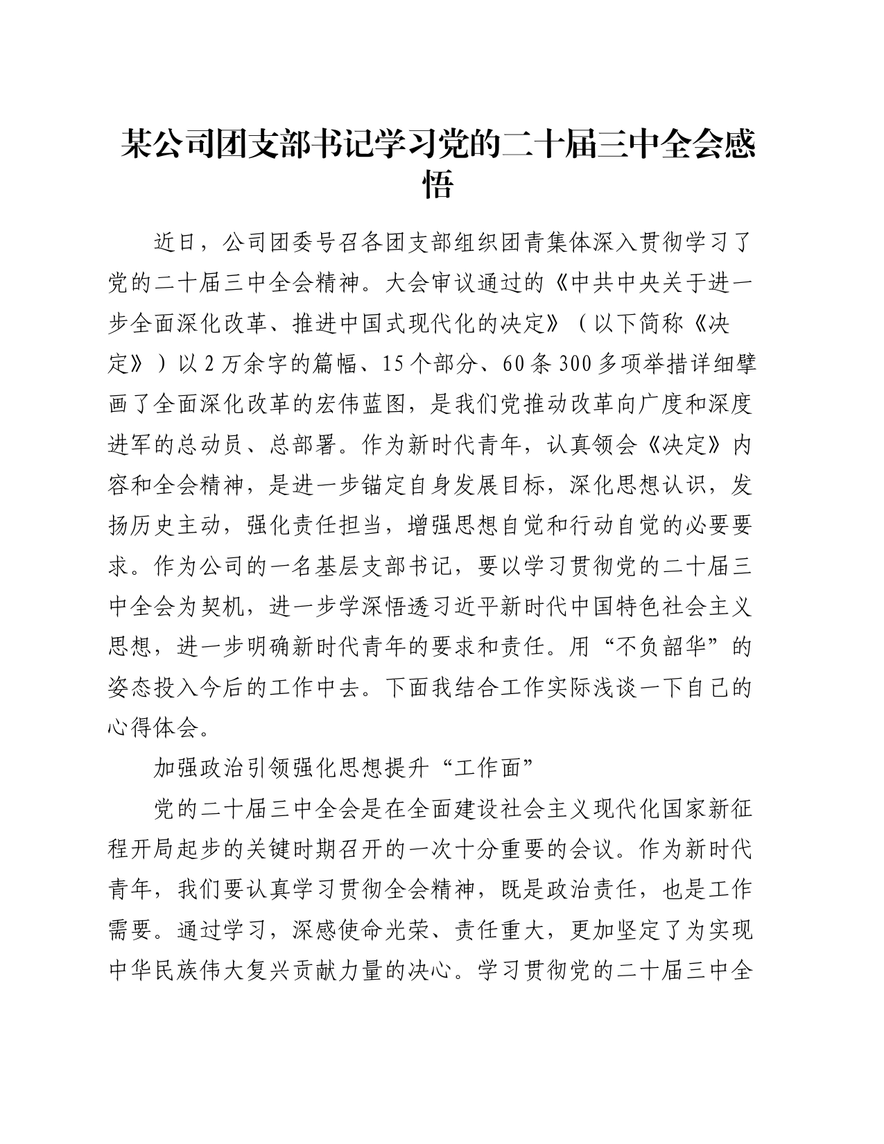 某公司团支部书记学习党的二十届三中全会感悟_第1页