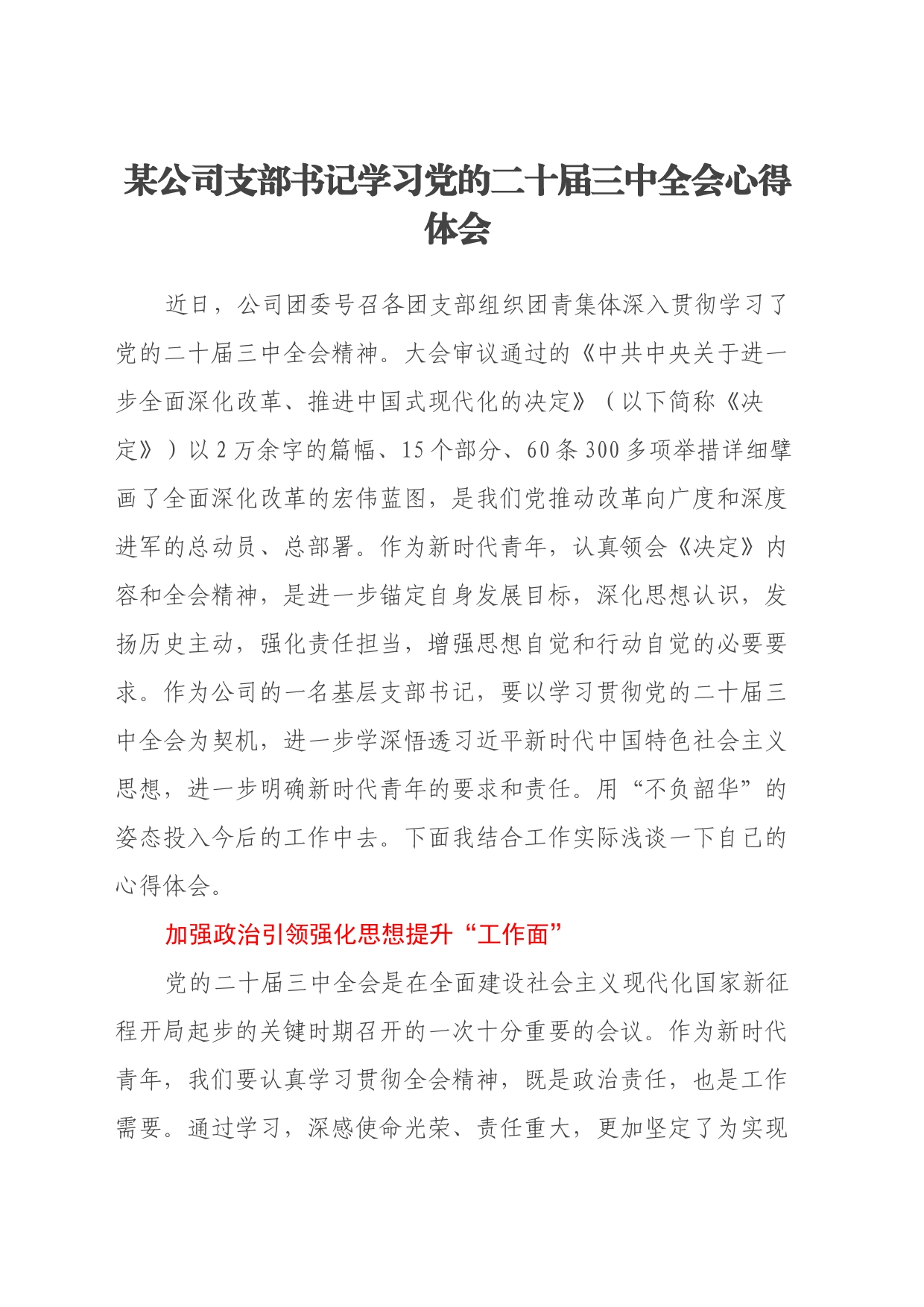 某公司支部书记学习党的二十届三中全会心得体会_第1页