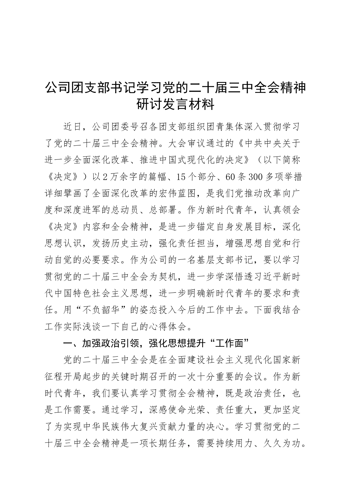 公司团支部书记学习党的二十届三中全会精神研讨发言材料企业共青团心得体会届二十20240821_第1页