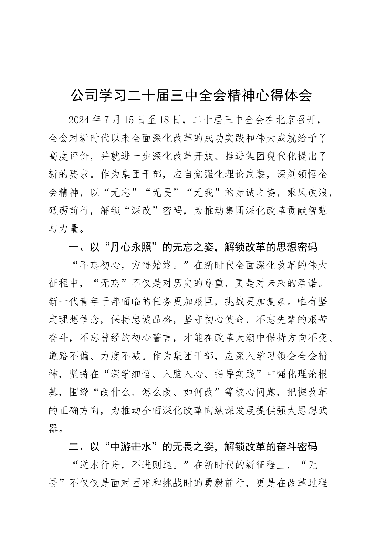 公司学习二十届三中全会精神心得体会企业研讨发言材料20240821_第1页