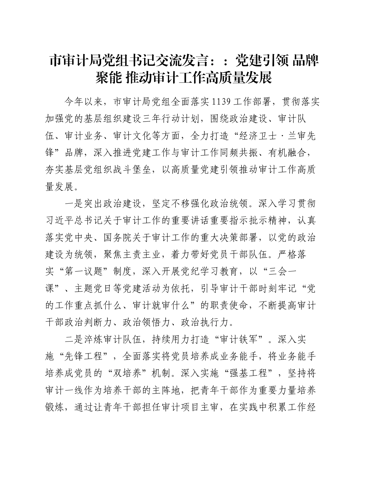 市审计局党组书记交流发言：：党建引领 品牌聚能 推动审计工作高质量发展_第1页