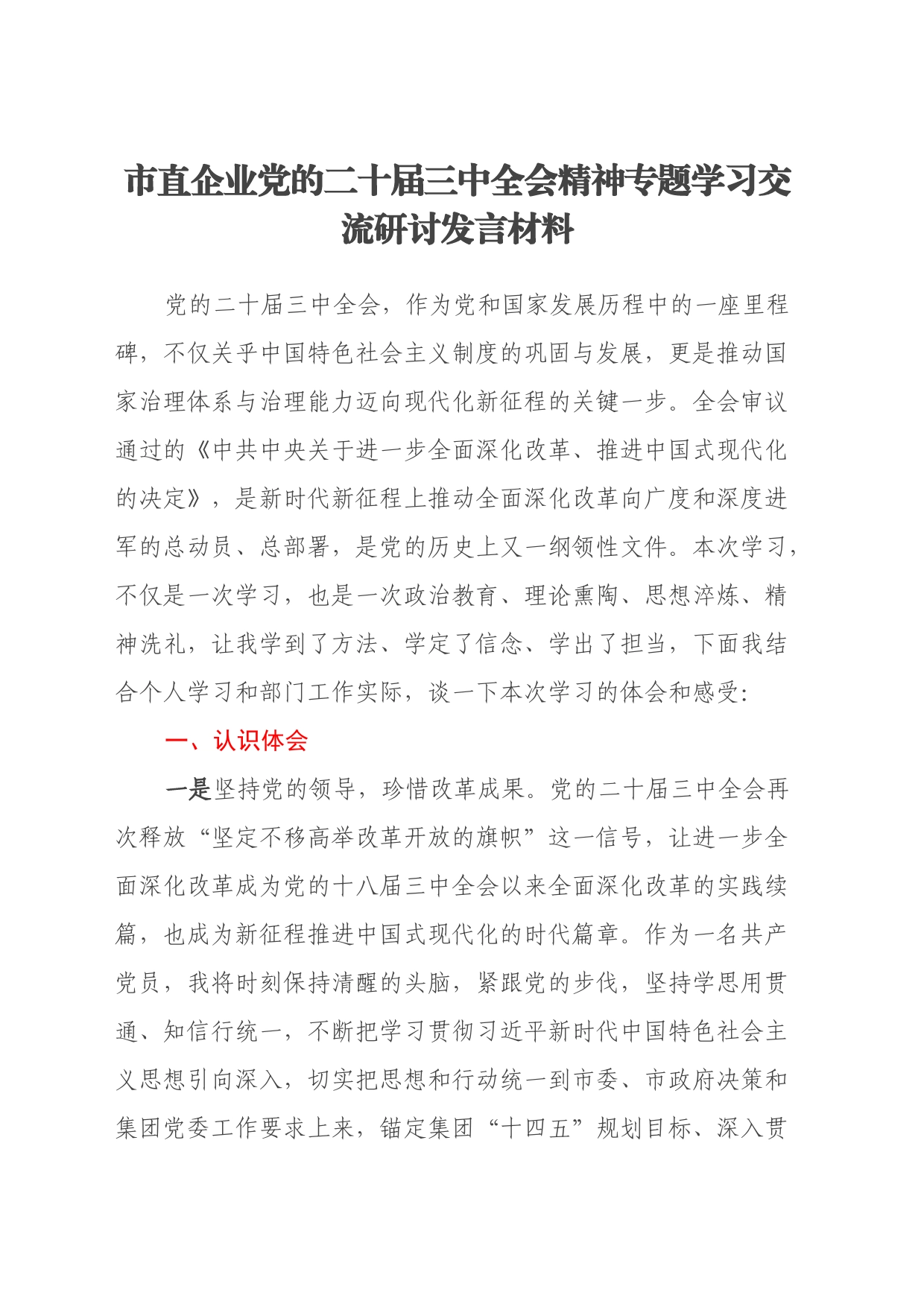 市直企业党的二十届三中全会精神专题学习交流研讨发言材料_第1页