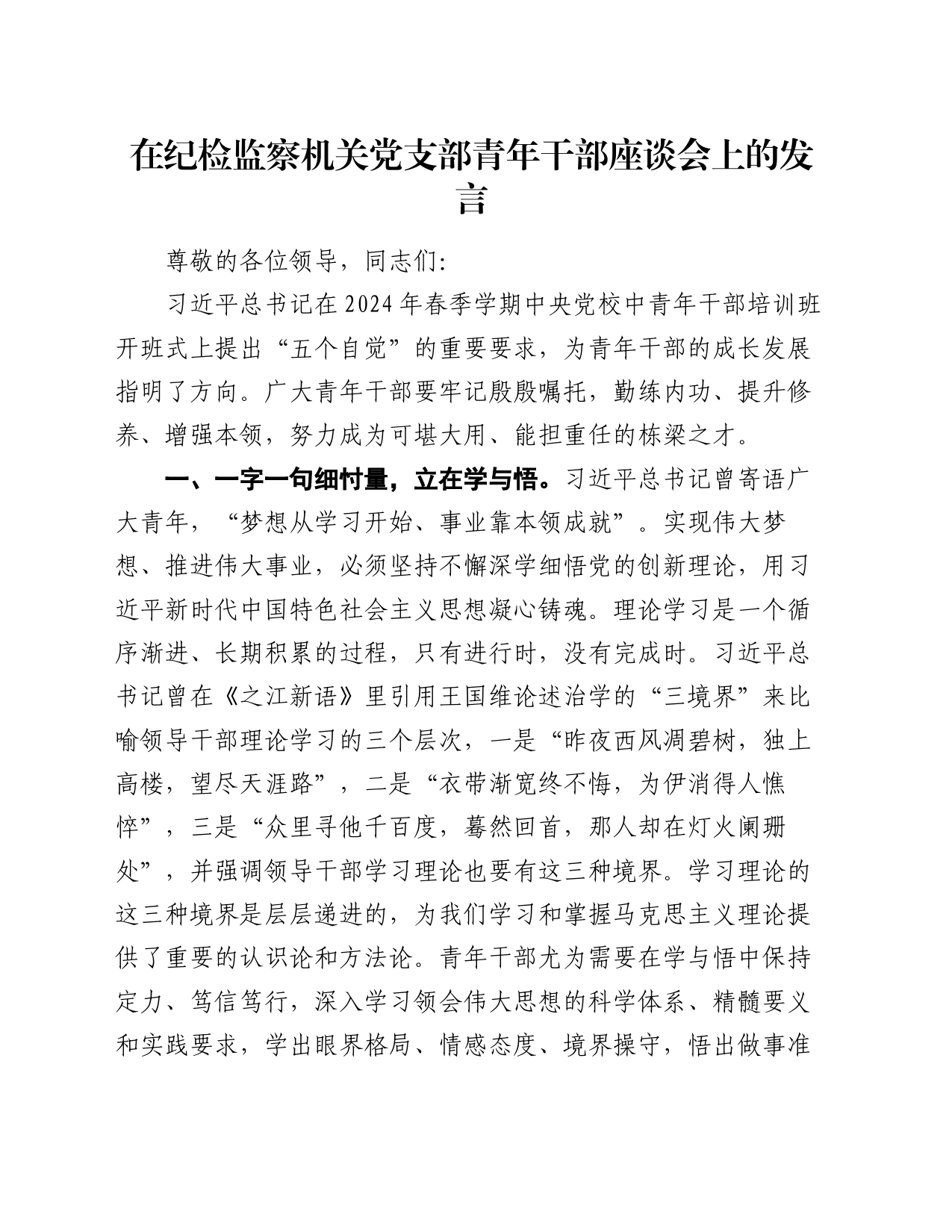 在纪检监察机关党支部青年干部座谈会上的发言_第1页