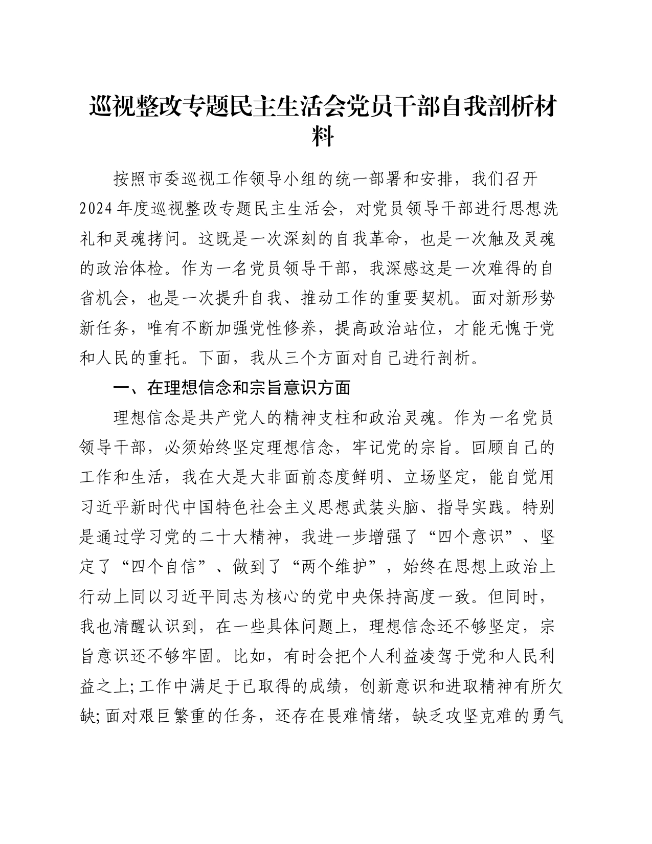 巡视整改专题民主生活会党员干部自我剖析材料_第1页