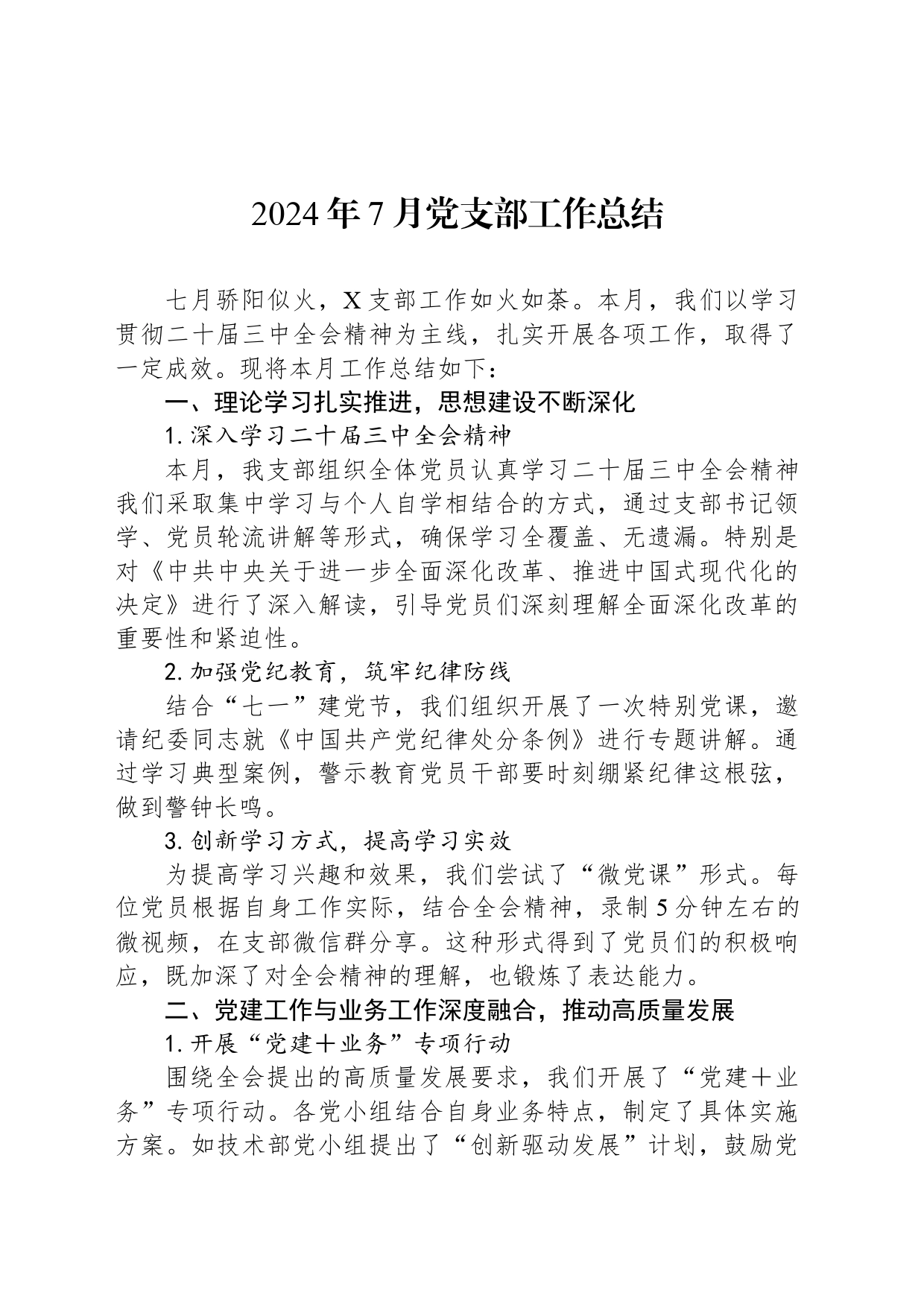 2024年7月党支部工作总结_第1页