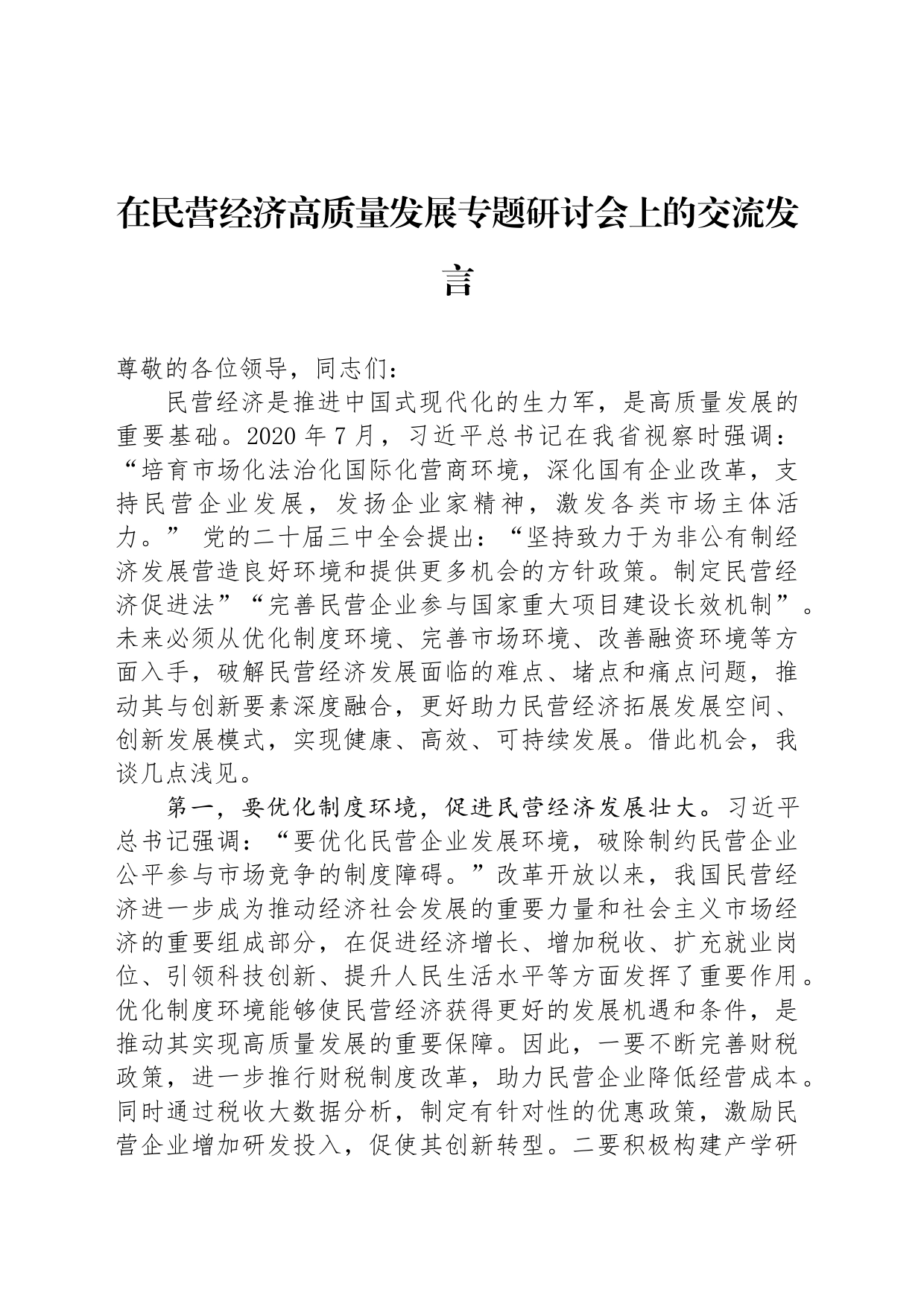 在民营经济高质量发展专题研讨会上的交流发言_第1页