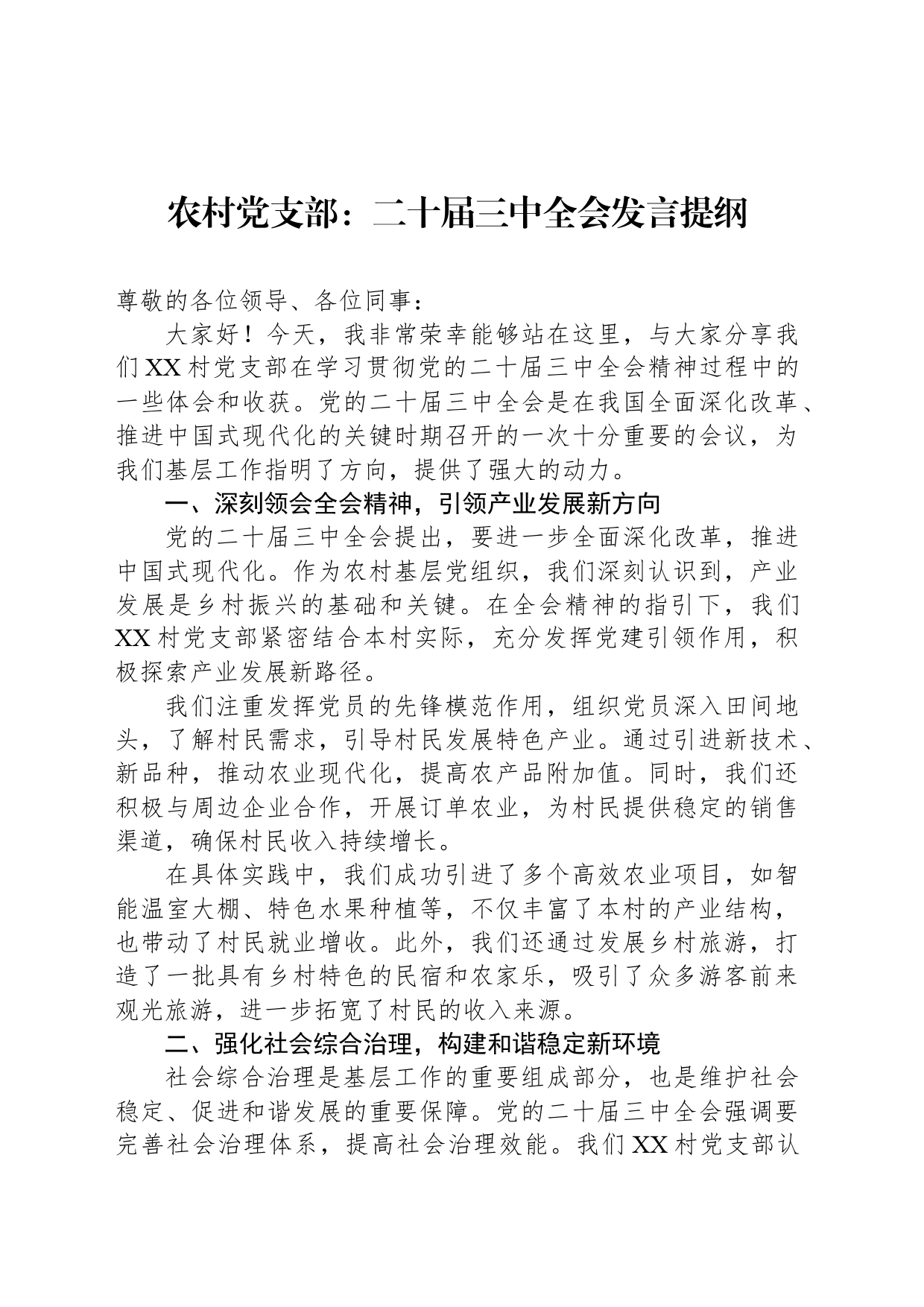 农村党支部：二十届三中全会发言提纲_第1页