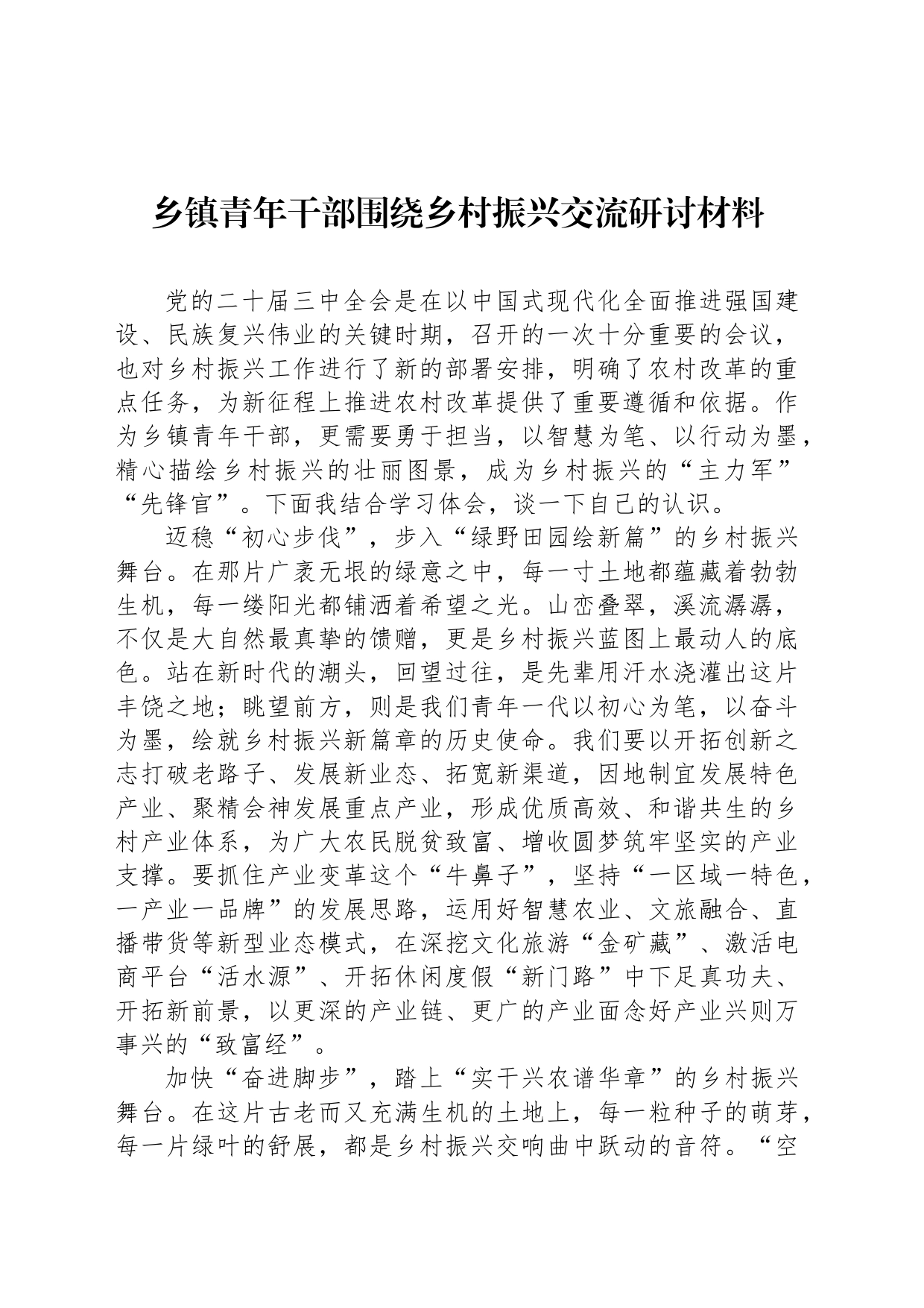 乡镇青年干部围绕乡村振兴交流研讨材料_第1页